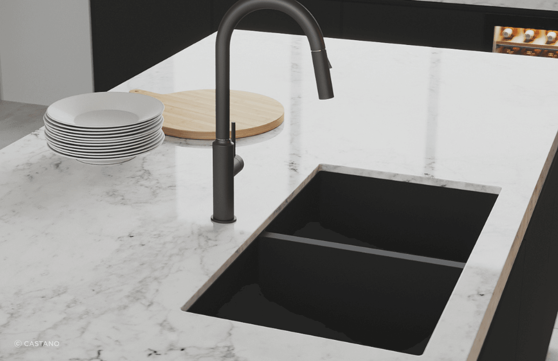 A bold matte black finish to a quartz material sink — The Comiso Double Bowl Sink from Castano.