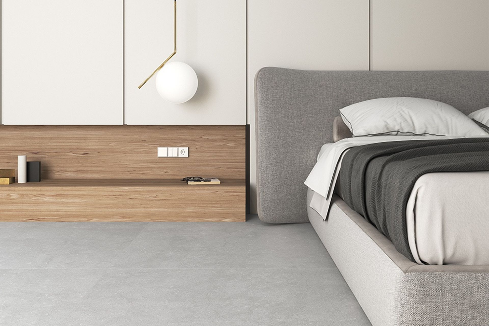 The sublime Noon Tile is used exceptionally well here in an unconventional bedroom setting.