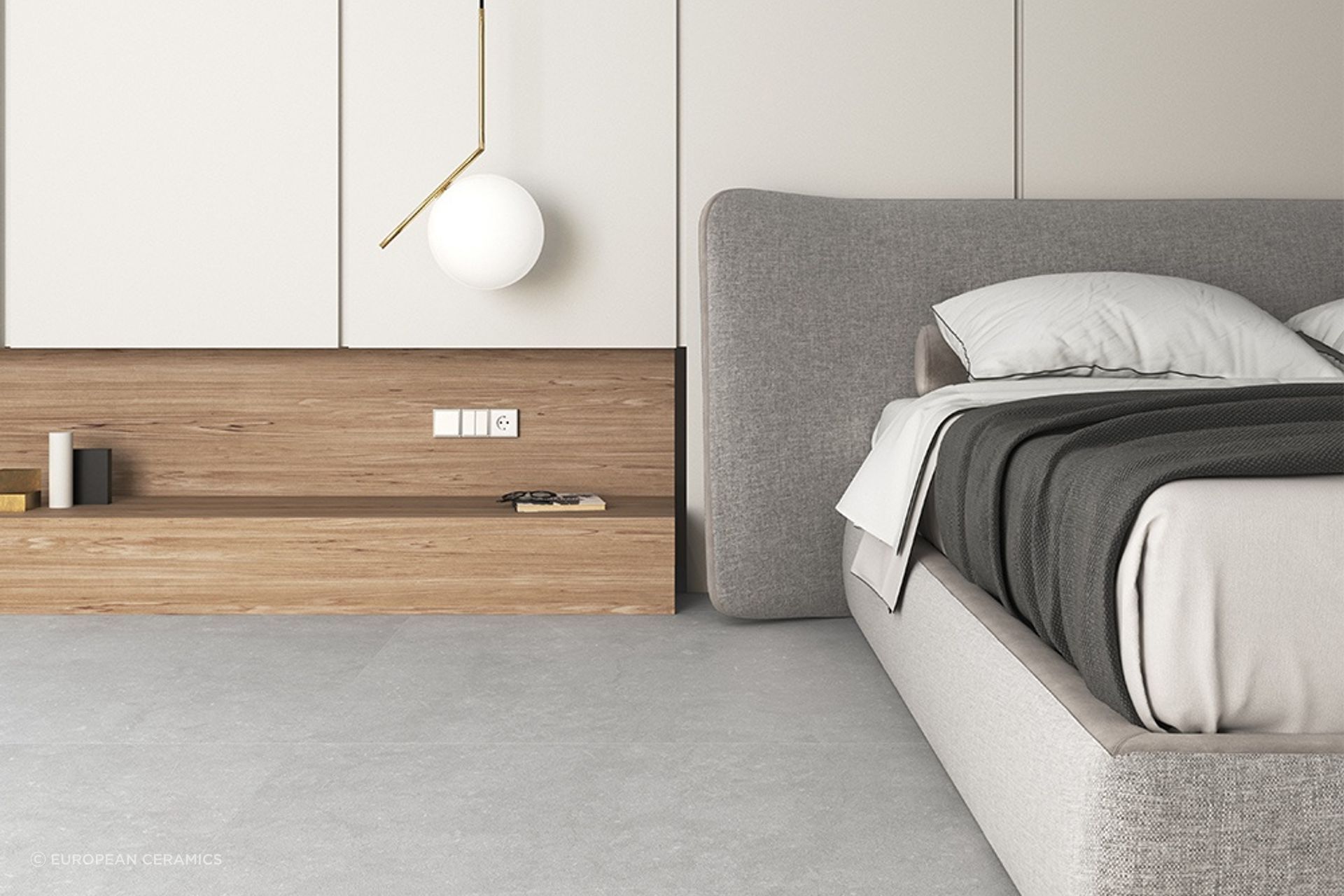 The sublime Noon Tile is used exceptionally well here in an unconventional bedroom setting.