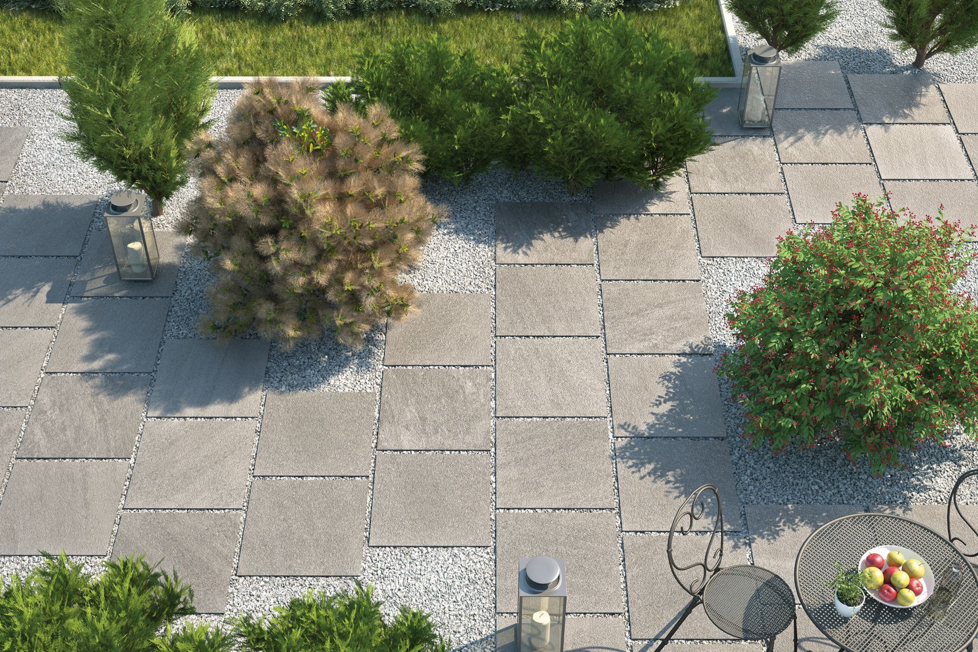 The Stonequartz by Cotto D'Este Outdoor Tiles create a captivating look when used with pebbles and stones.