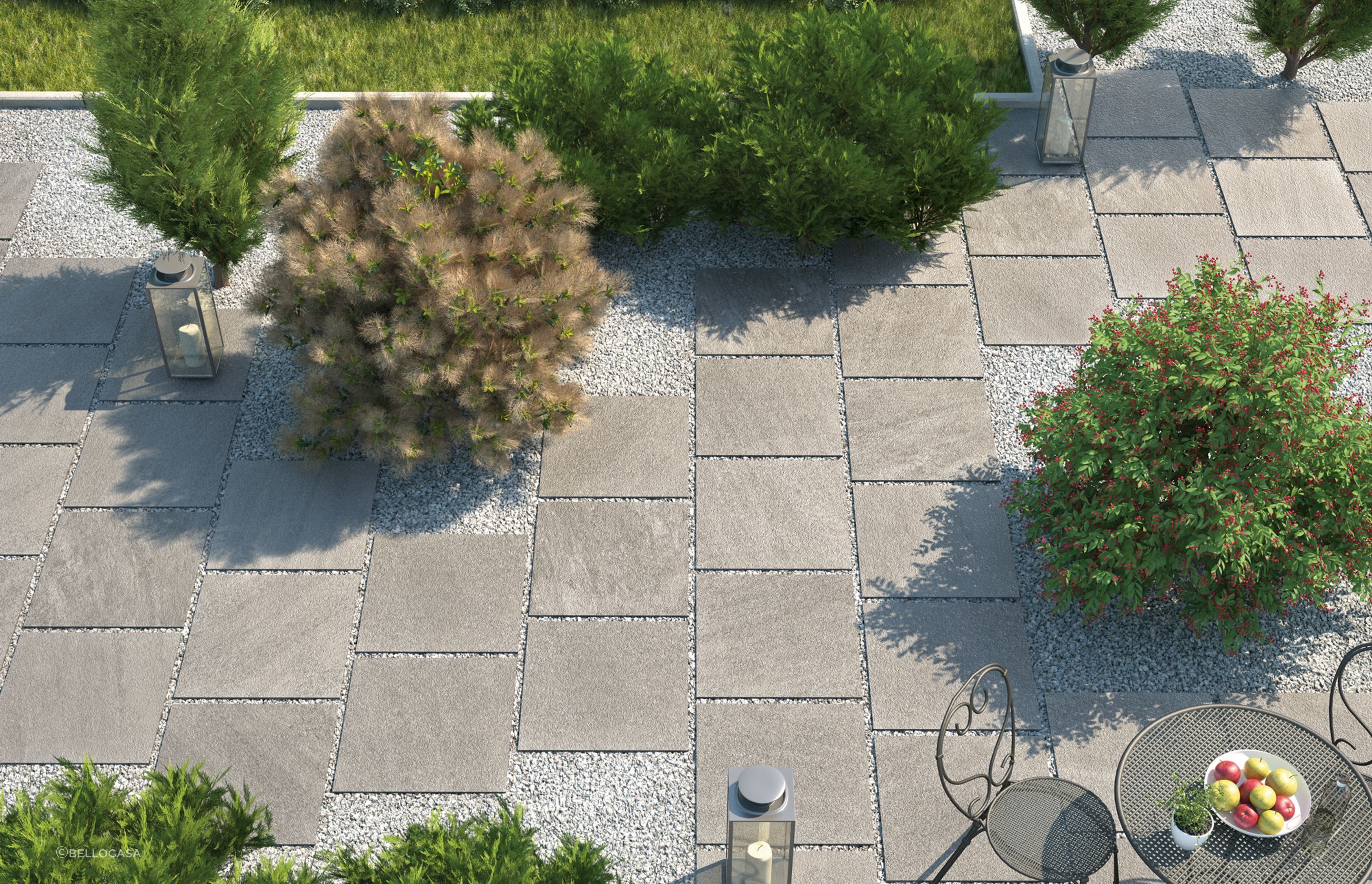 The Stonequartz by Cotto D'Este Outdoor Tiles create a captivating look when used with pebbles and stones.