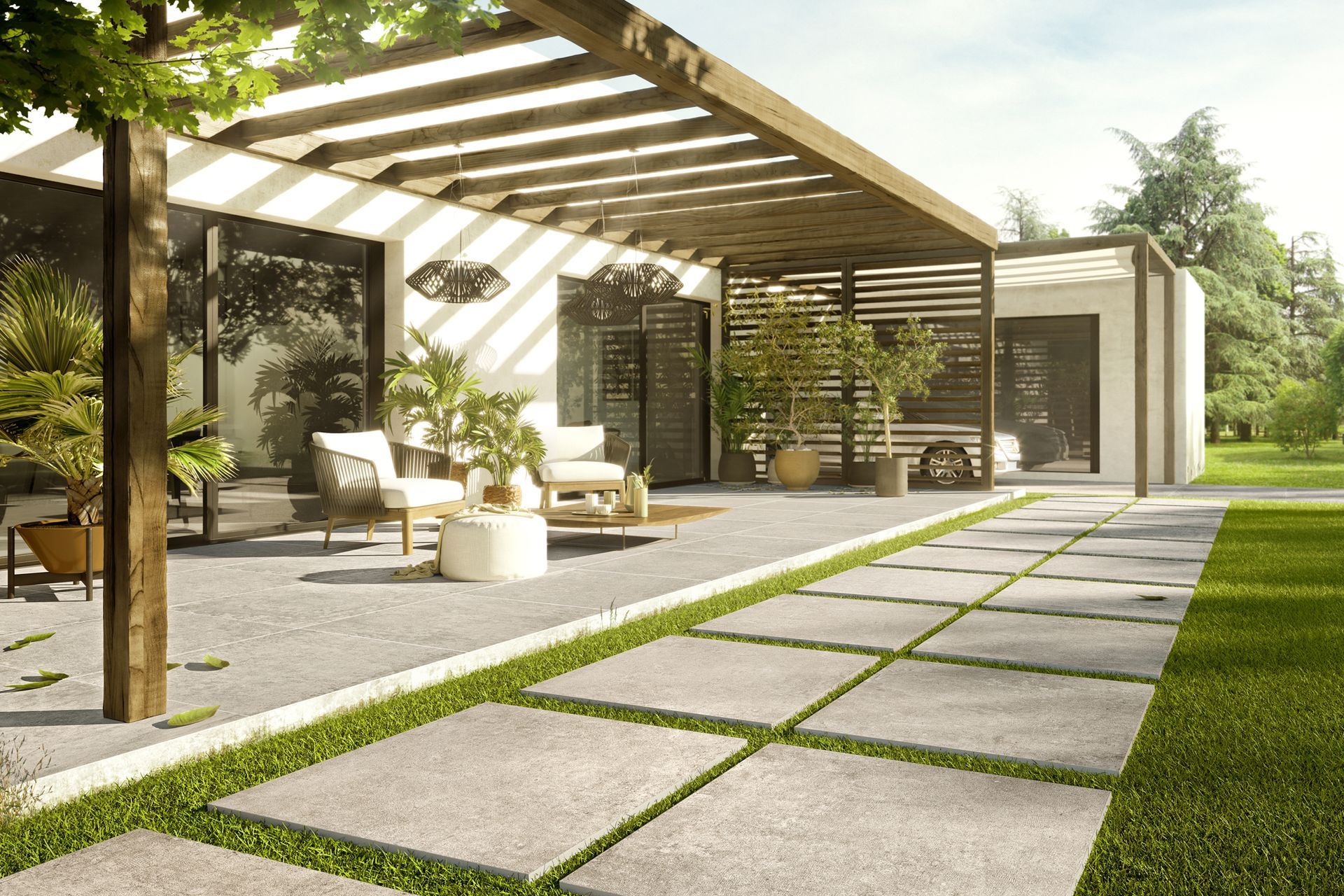The textures and colours of the X-Beton by Cotto D'Este Outdoor Tiles look great against a lush lawn.