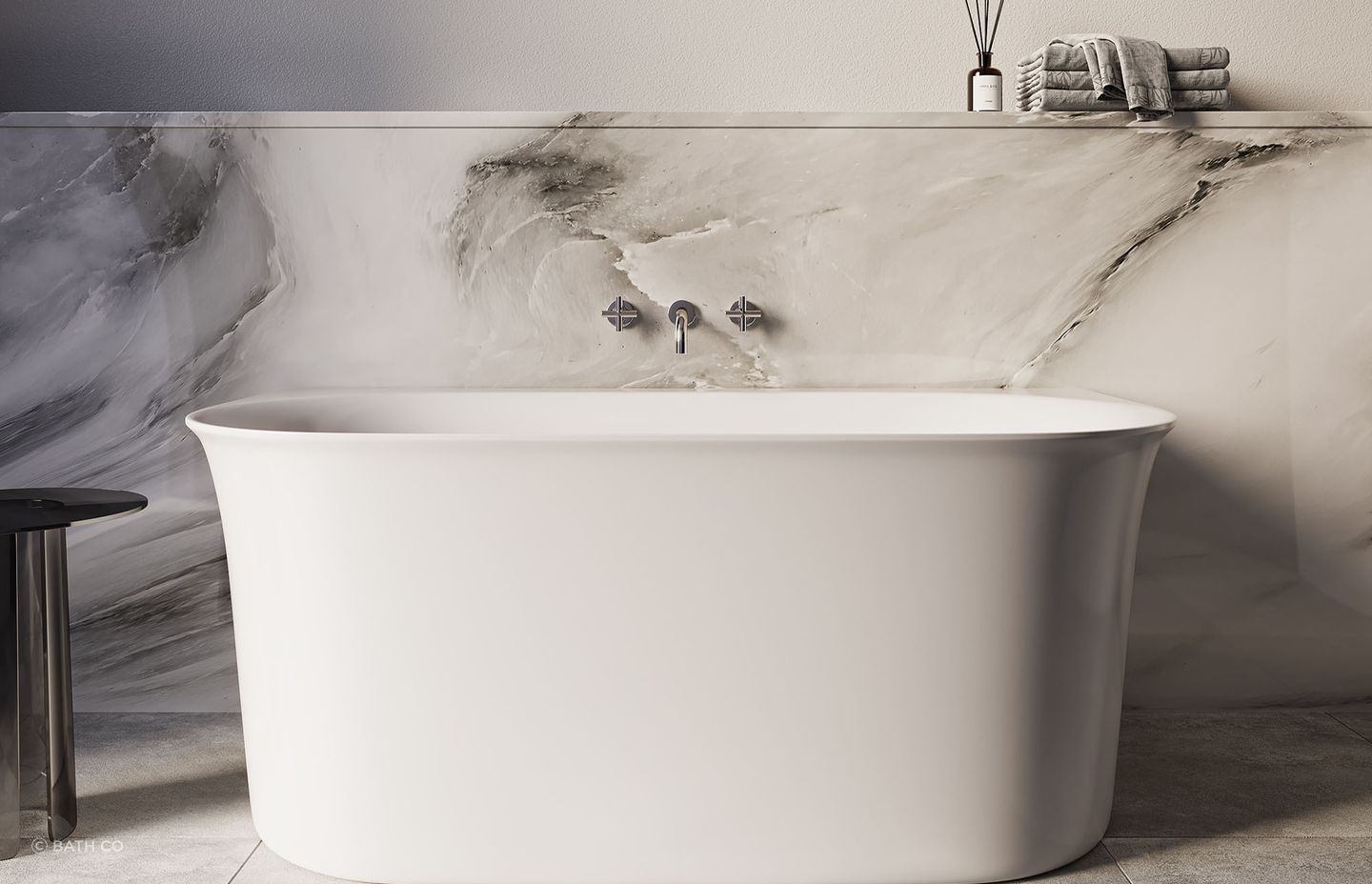 The gorgeous Cursa Back-To-Wall Bath
By Bath Co is available in two lengths (1500mm &amp; 1700mm), the latter increases it weight by 8kg.