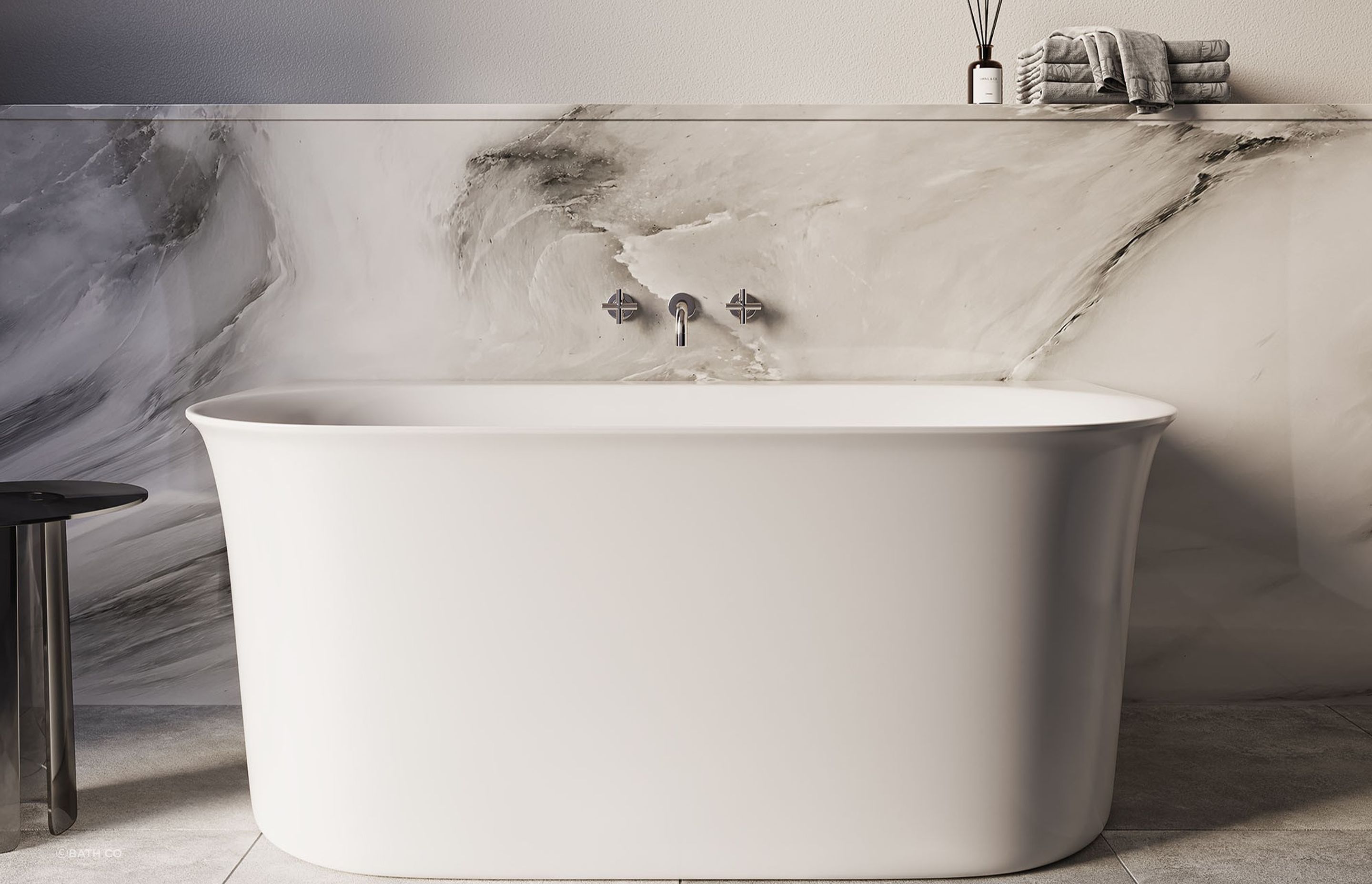 The gorgeous Cursa Back-To-Wall Bath
By Bath Co is available in two lengths (1500mm &amp; 1700mm), the latter increases it weight by 8kg.