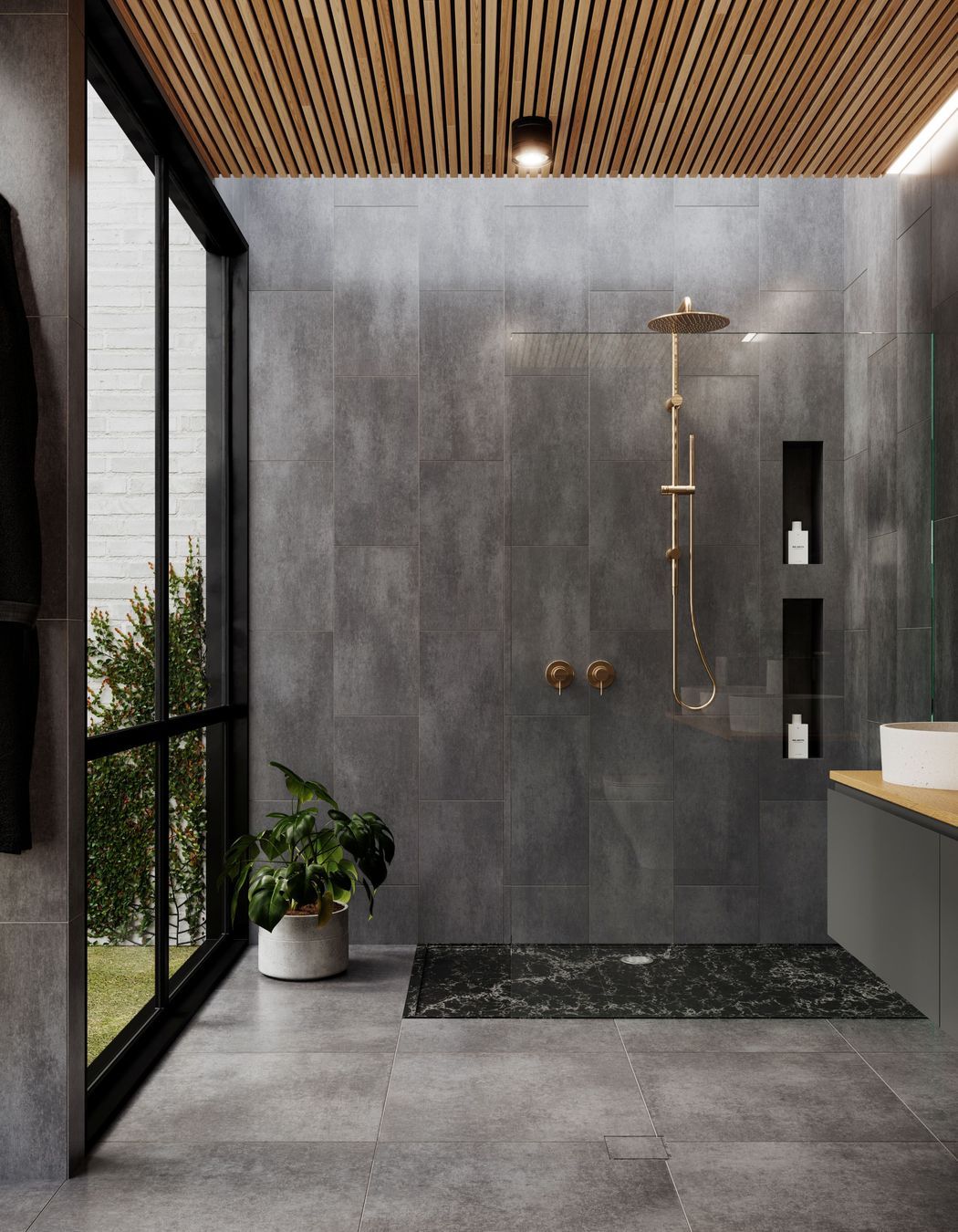 A stylish walk-in shower featuring a Custom Sized Solid Surface Shower Base from Wet Area Solutions (Aust) Pty Ltd.