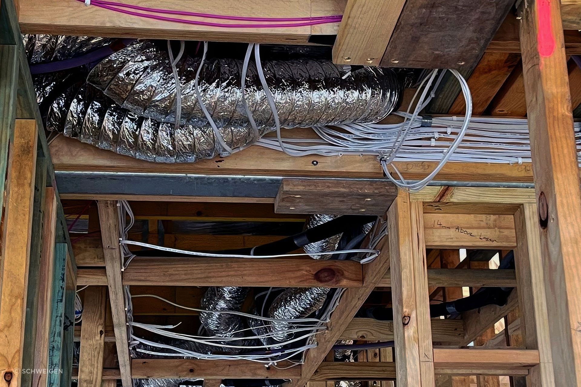 Ducting run within the roof cavity of a build in progress