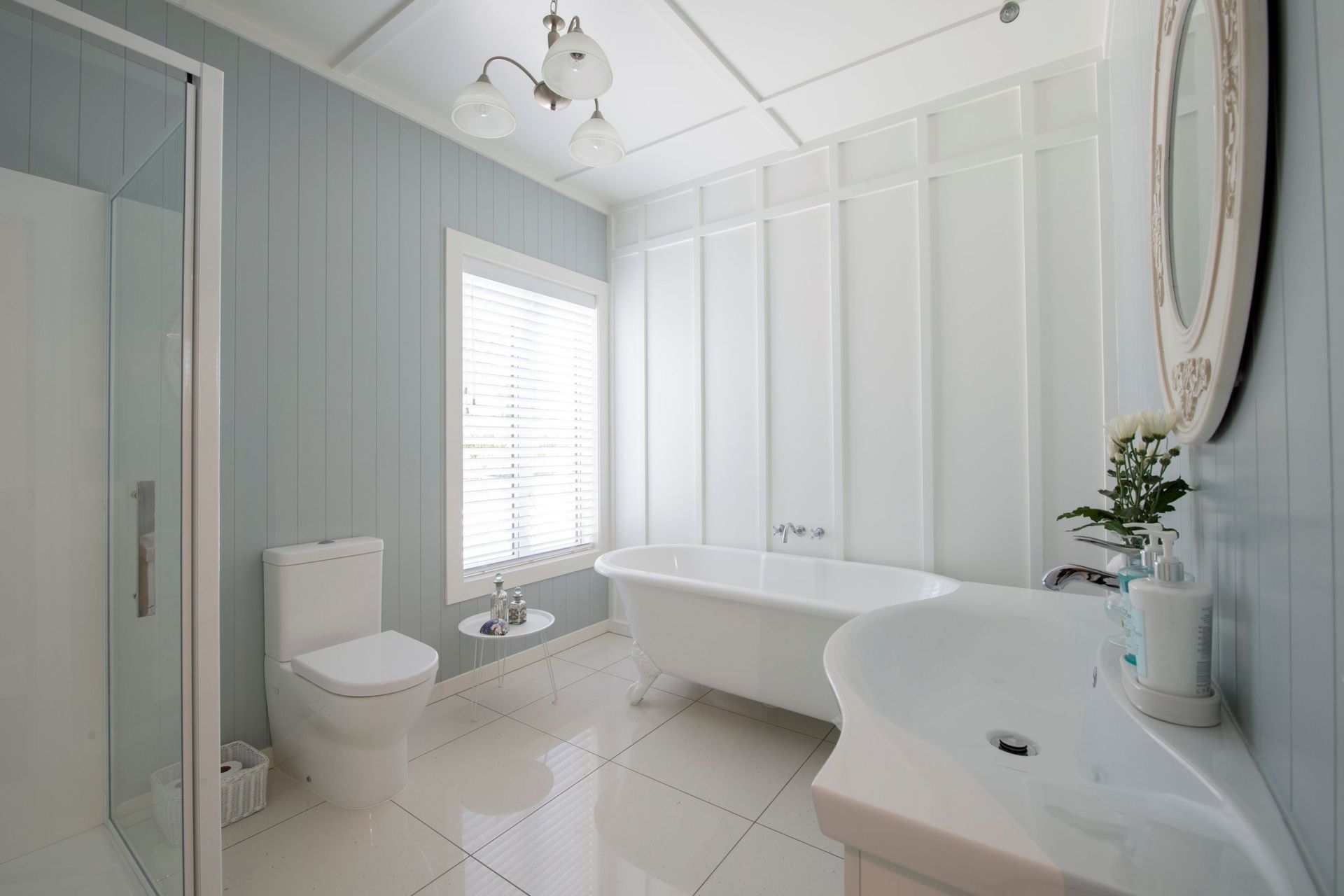 Resene Hermitage is a stony blue green that evokes gentle streams of water — a perfect choice for the bathroom.