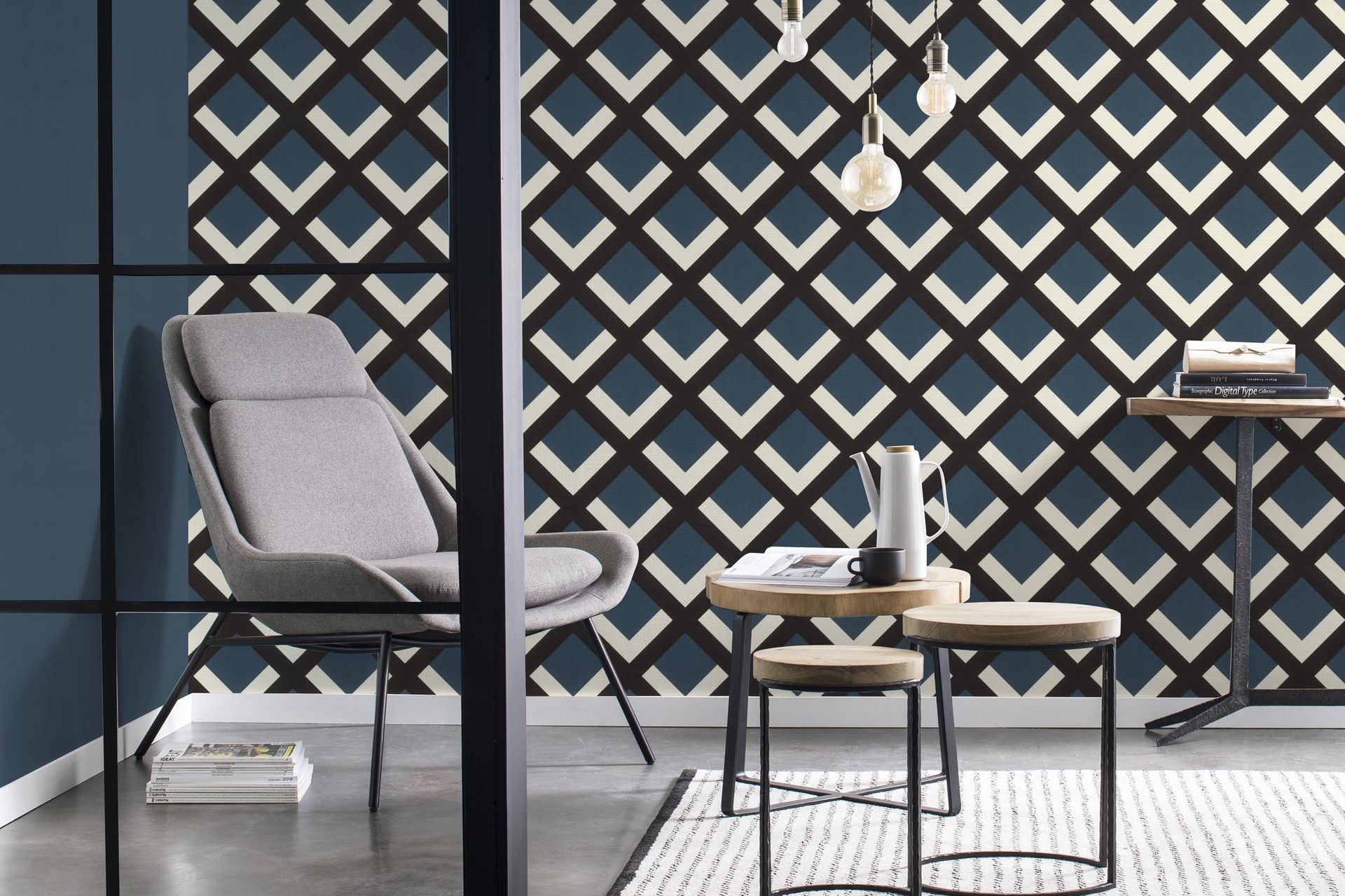 The geometric pattern of this edgy wallpaper from the Denzo II Collection gives modern vibes to this contemporary space.