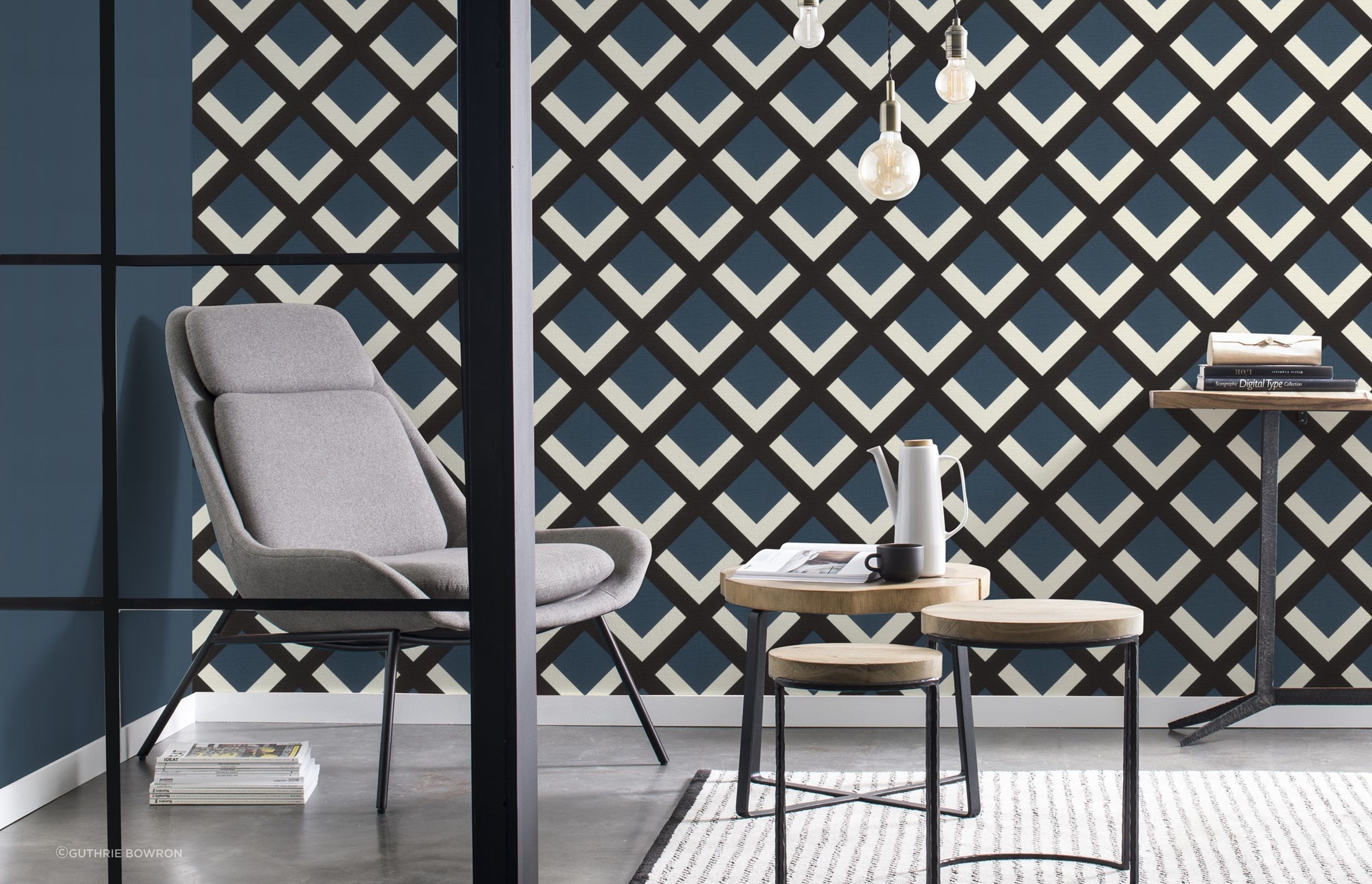 The geometric pattern of this edgy wallpaper from the Denzo II Collection gives modern vibes to this contemporary space.