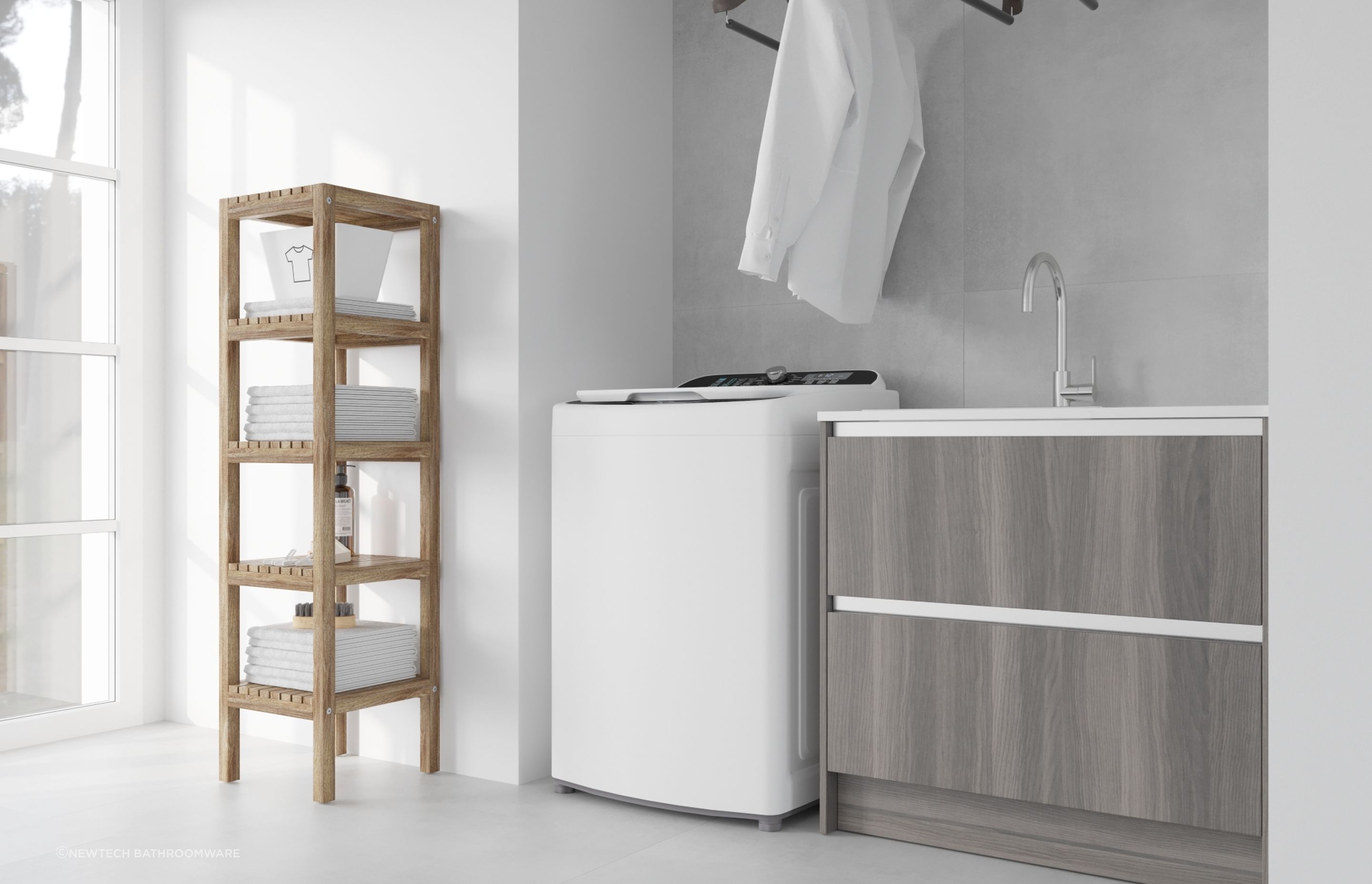 A handy shelving tower for laundry supplies accompanies the stylish Devonport Laundry Package.