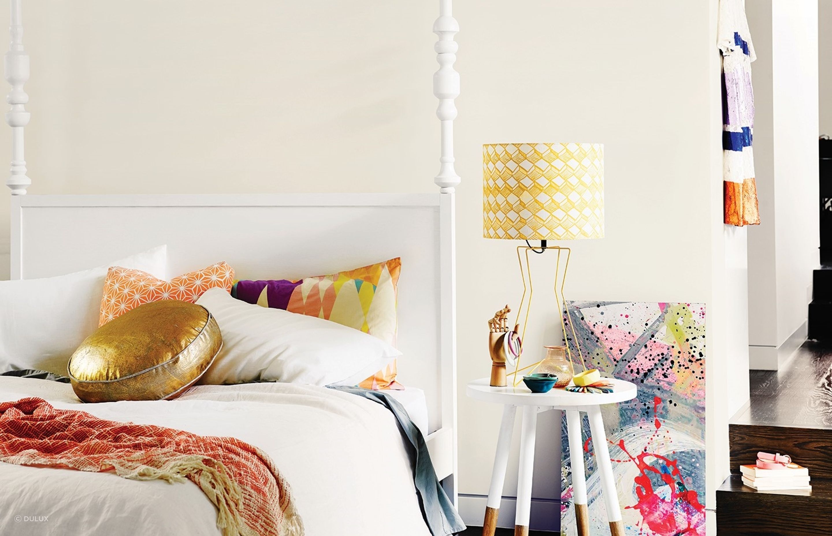 Dulux's Mason Bay Quarter Paint has a soft, antique white colour that makes a great canvas for other elements to shine.