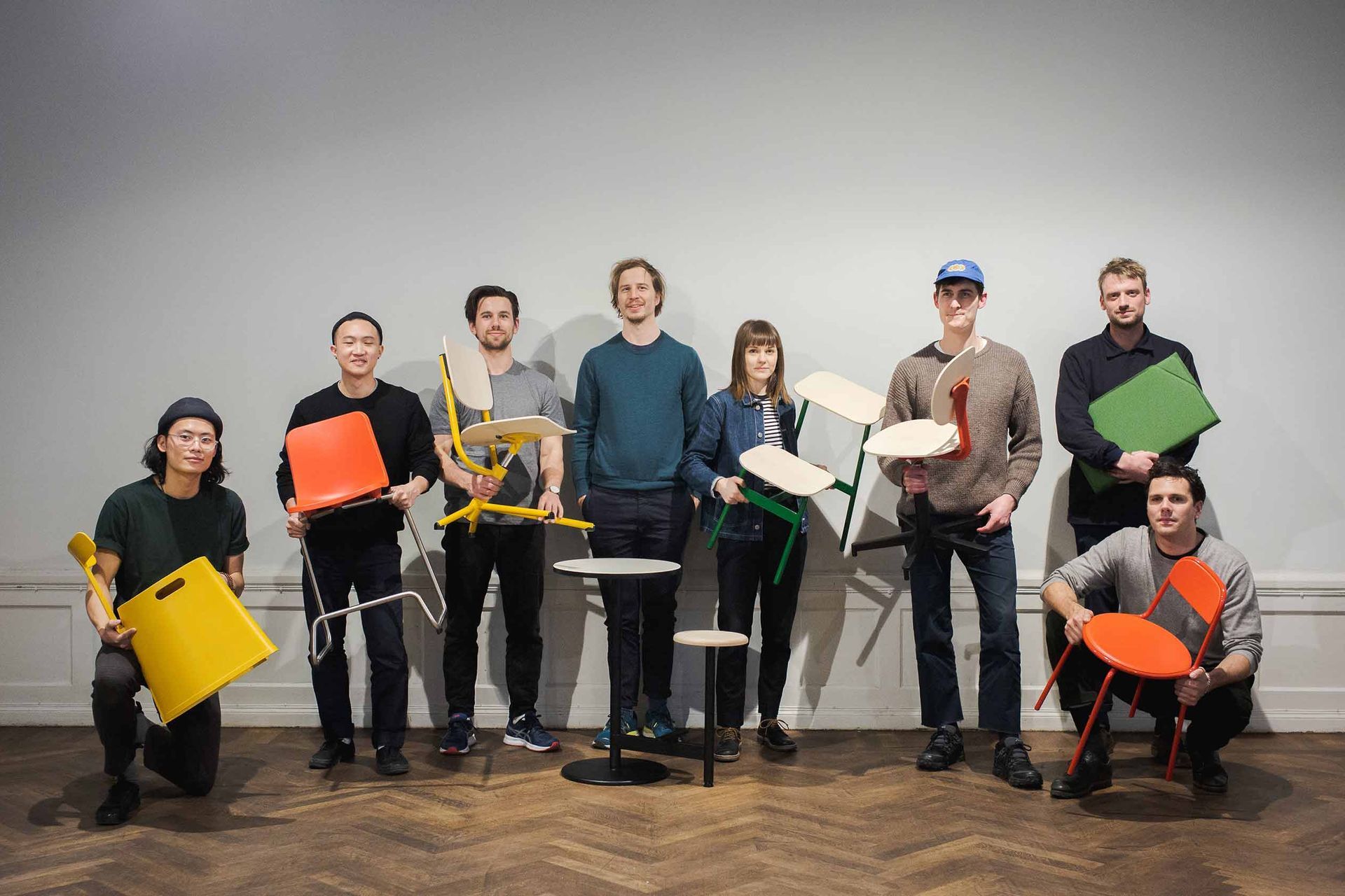 L-R:  Oscar Kwong with 'Steady'. Hsin-Hung Chou with 'LittleHigh, Alexander Schul with 'Schulstuhl', Jonas Villiger with 'Roundabout', Charlotta Åman with 'Connect', Julian Ribler with 'TILT', Silvio Rebholz with 'Tri Pli', Till Ronacher with 'Swivel'