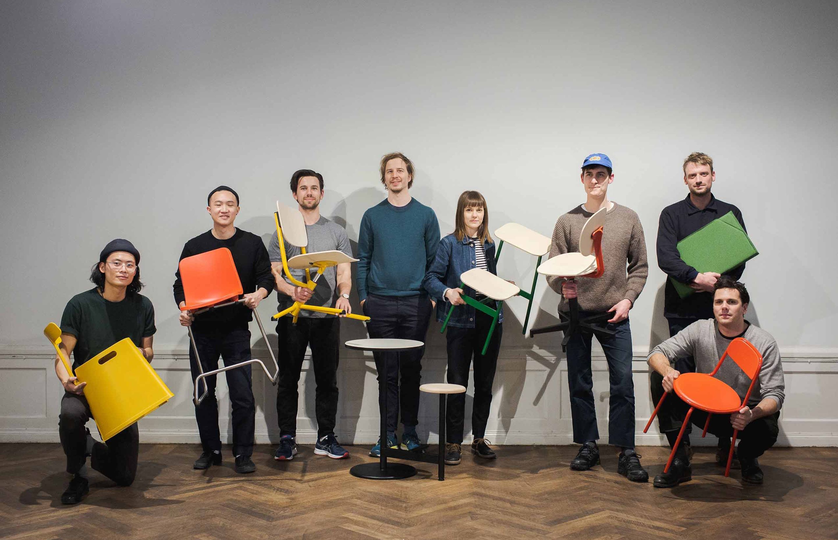 L-R: Oscar Kwong with 'Steady'. Hsin-Hung Chou with 'LittleHigh, Alexander Schul with 'Schulstuhl', Jonas Villiger with 'Roundabout', Charlotta Åman with 'Connect', Julian Ribler with 'TILT', Silvio Rebholz with 'Tri Pli', Till Ronacher with 'Swivel'