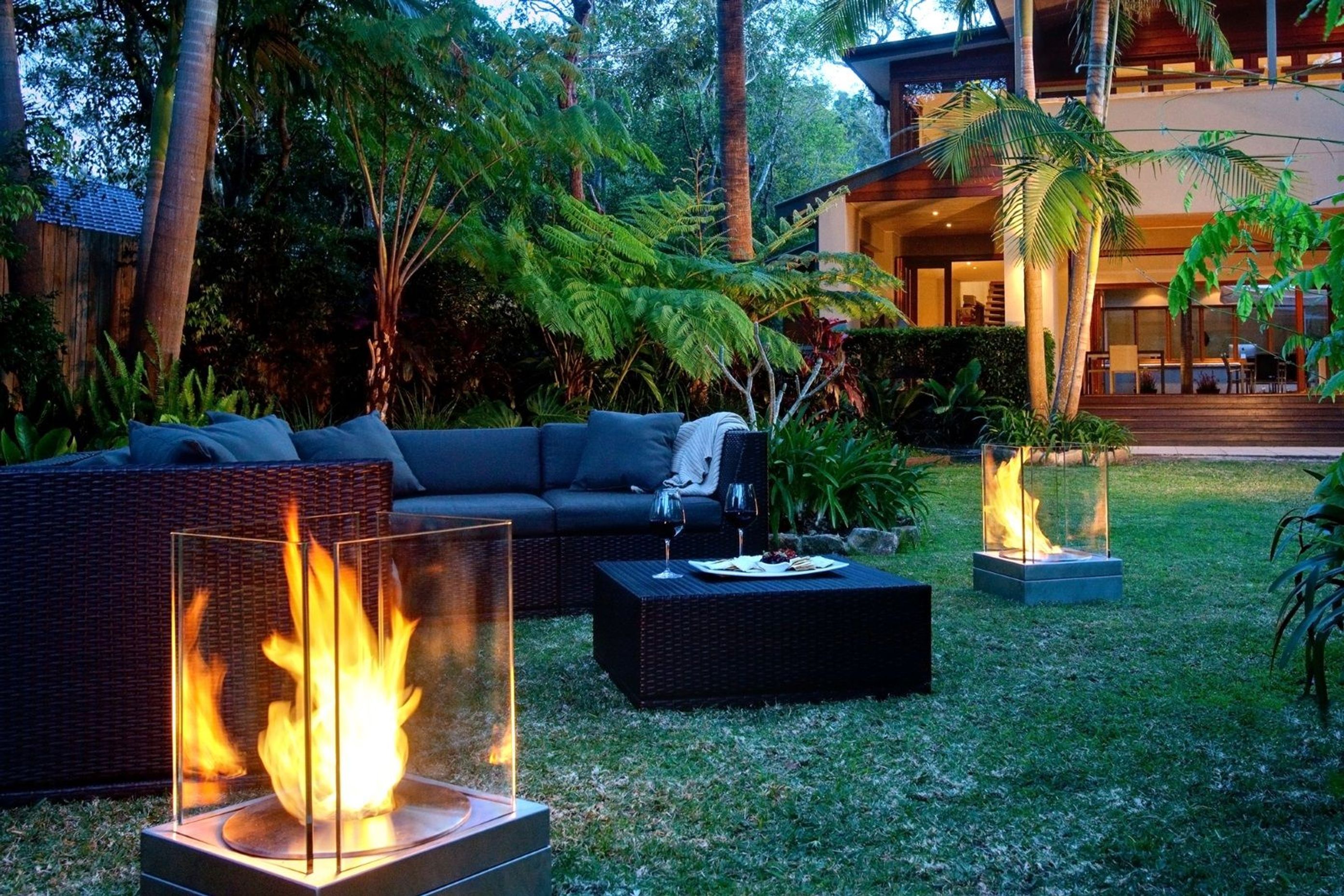 As you can see with these exquisite EcoSmart Mini T Biofuel Fireplaces, two fire pits can take an outdoor living space to the next level.