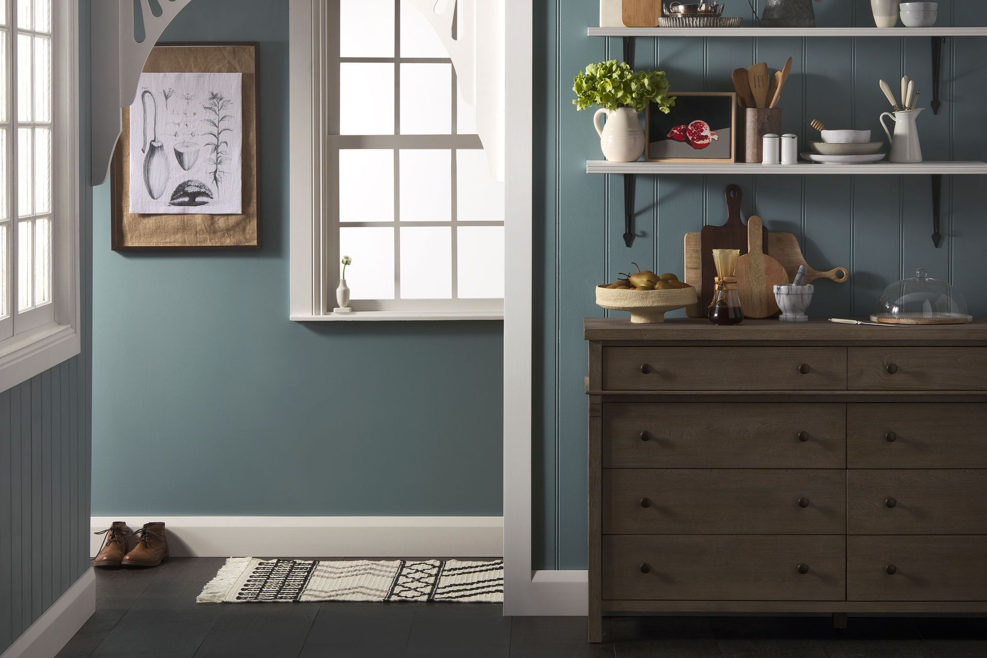 Porter's Eggshell Acrylic in the colour Hailstorm is a muted, moody blue. Applied to the walls or ceiling, it adds depth and visual interest to a space.
