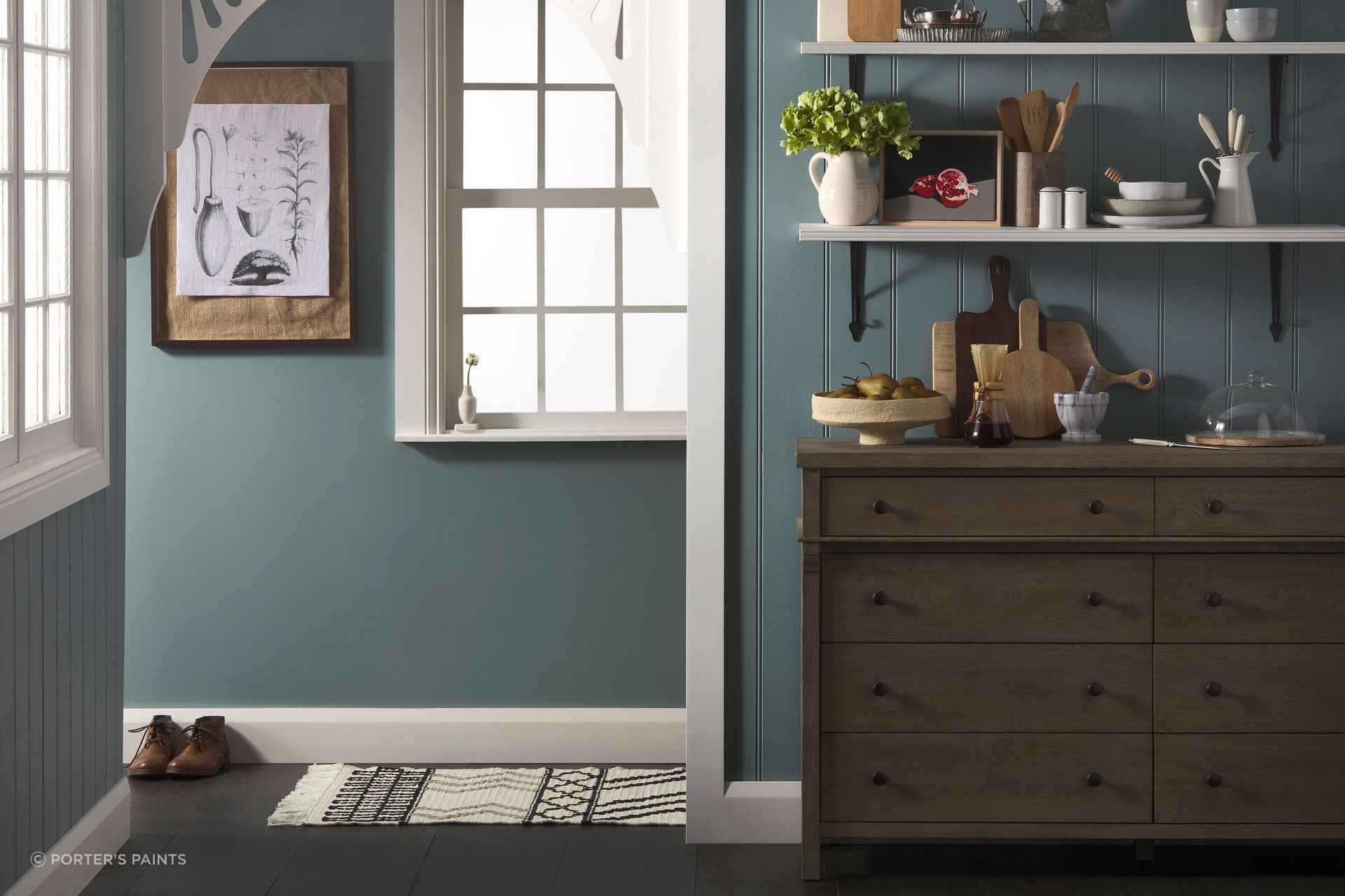 Porter's Eggshell Acrylic in the colour Hailstorm is a muted, moody blue. Applied to the walls or ceiling, it adds depth and visual interest to a space.