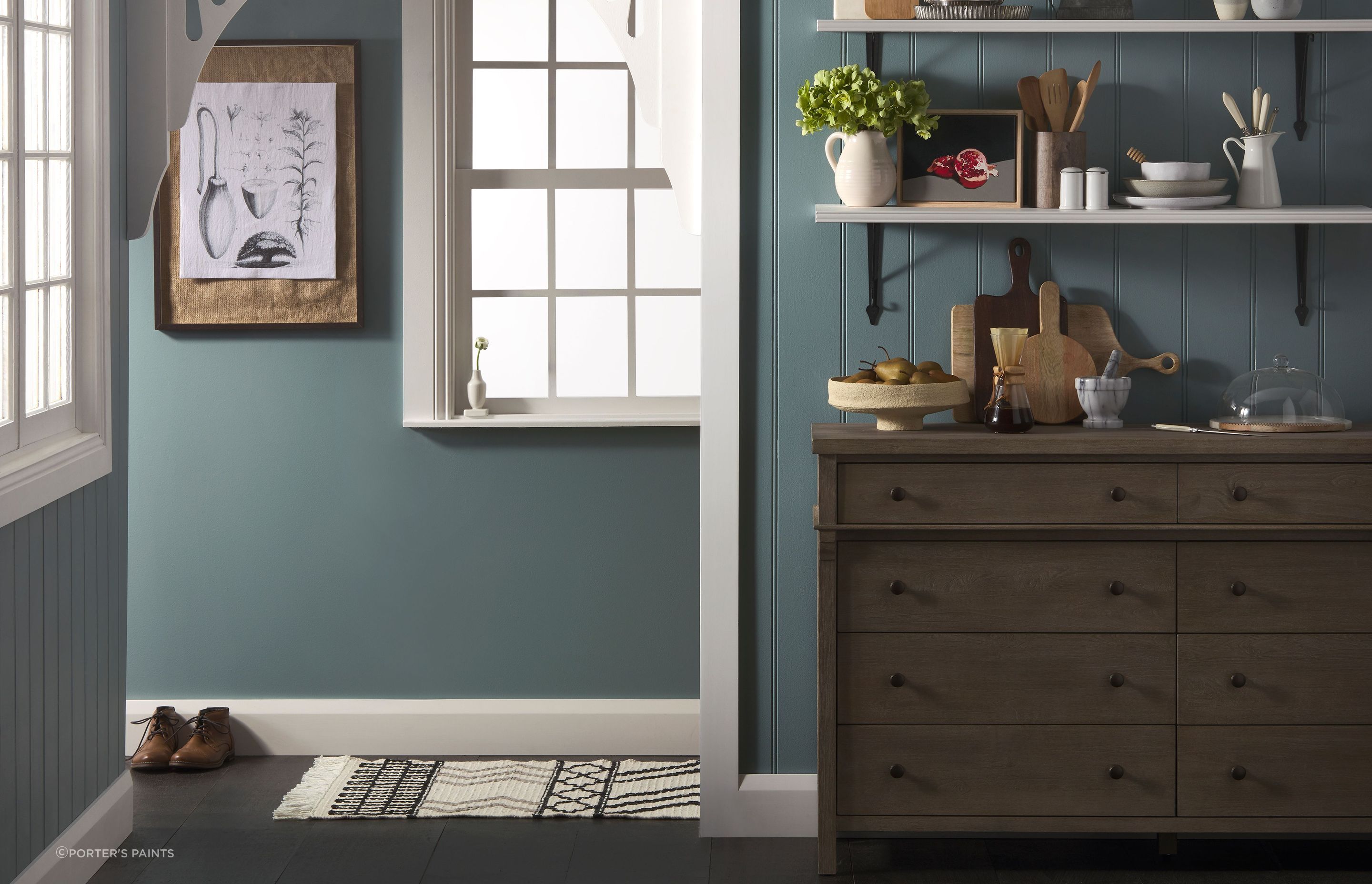 Porter's Eggshell Acrylic in the colour Hailstorm is a muted, moody blue. Applied to the walls or ceiling, it adds depth and visual interest to a space.