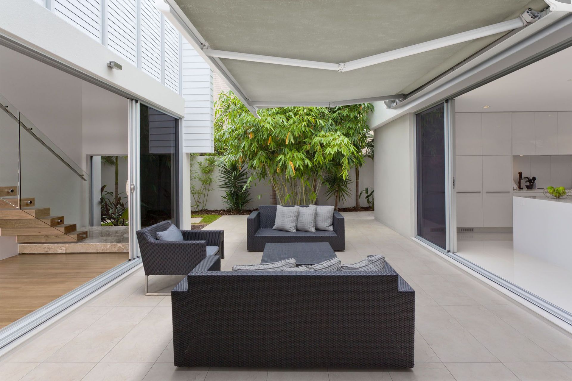 The Fetuna Cassette Awning with retractable arms to keep it neatly concealed when not in use.