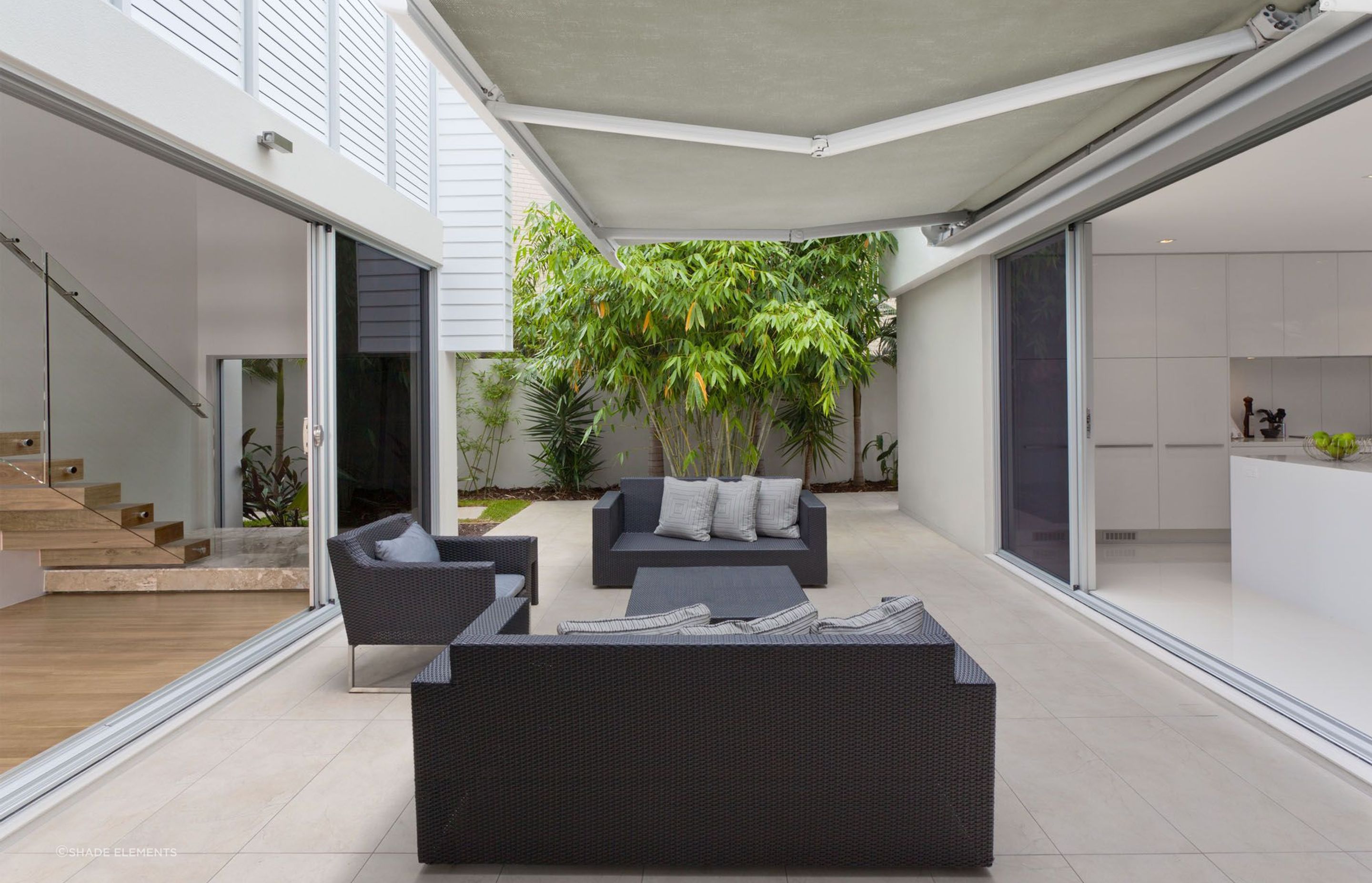 The Fetuna Cassette Awning with retractable arms to keep it neatly concealed when not in use.
