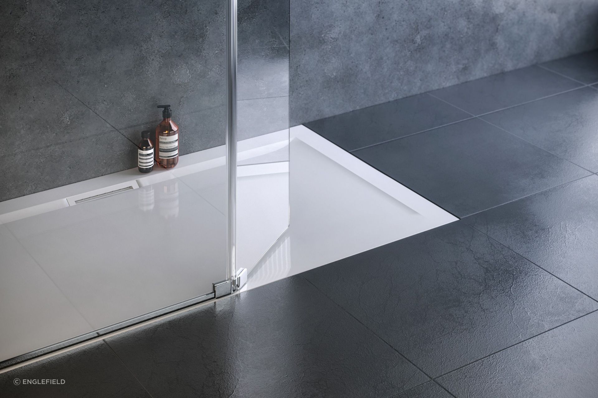 The sleek Flight Tray & Evora Shower Screen from Englefield, measuring 1700 x 900mm in its rectangular form.