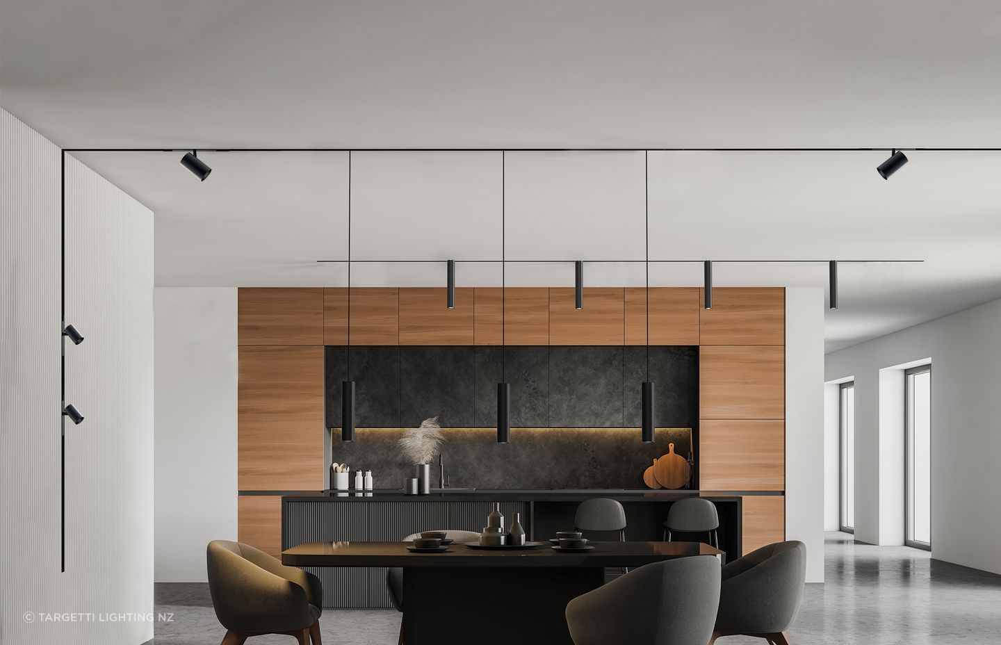 The Forty Eight Linear and Track Light System
from Targetti Lighting NZ infuses designer flair into this kitchen and dining space.