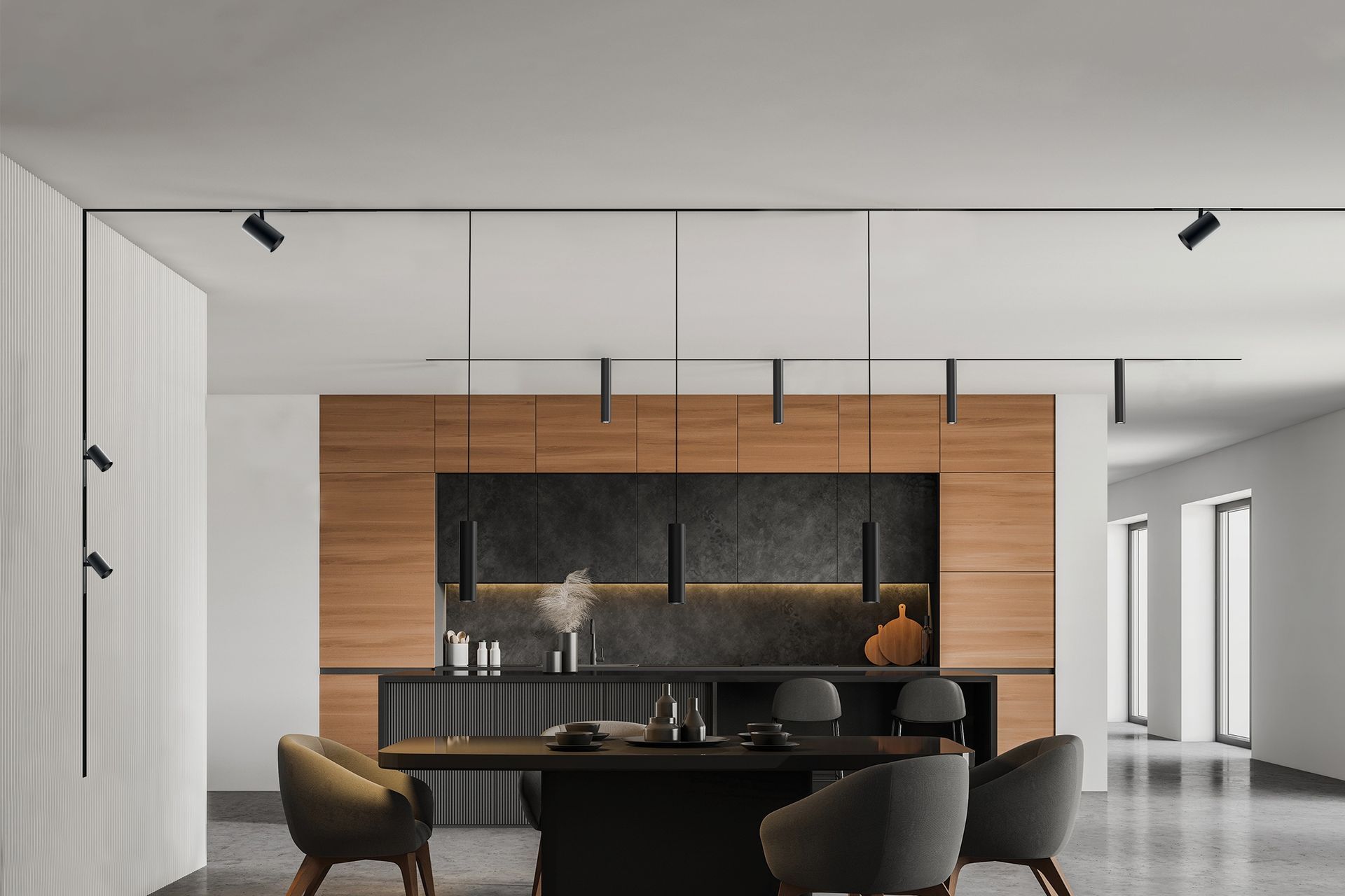 The Forty Eight Linear and Track Light System
from Targetti Lighting NZ infuses designer flair into this kitchen and dining space.