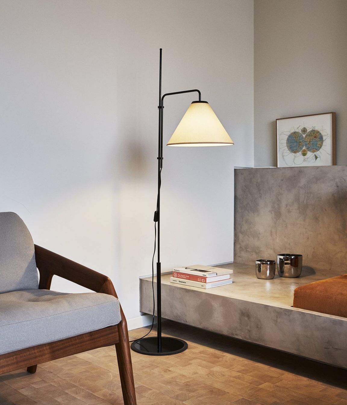 The right sized lamp will look balanced in a space, as seen here with the Funiculi Fabric Floor Lamp from ECC.