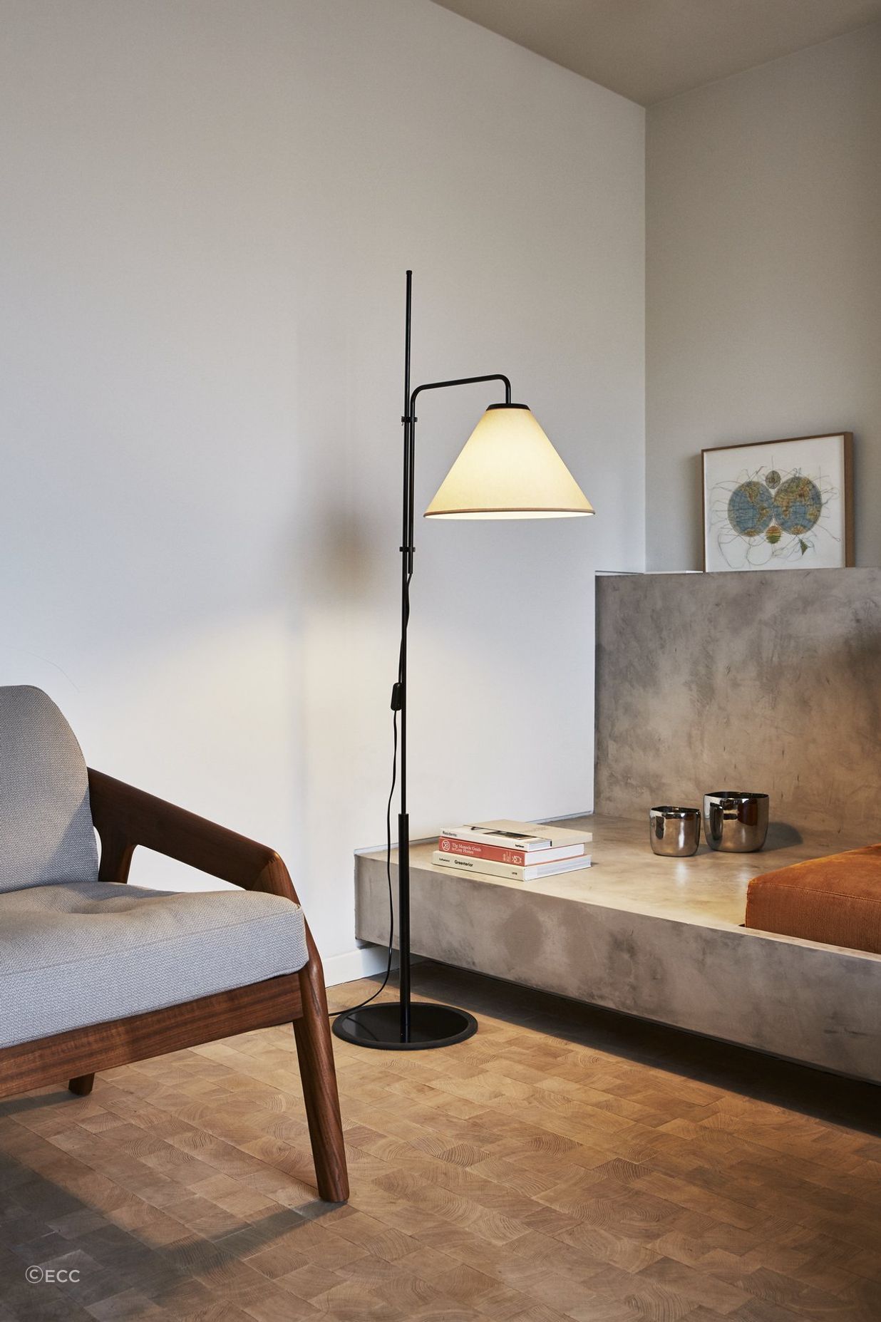 The right sized lamp will look balanced in a space, as seen here with the Funiculi Fabric Floor Lamp from ECC.