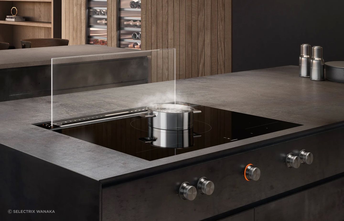 The sleek Gaggenau Downdraft Hood can fully retract when not in use.