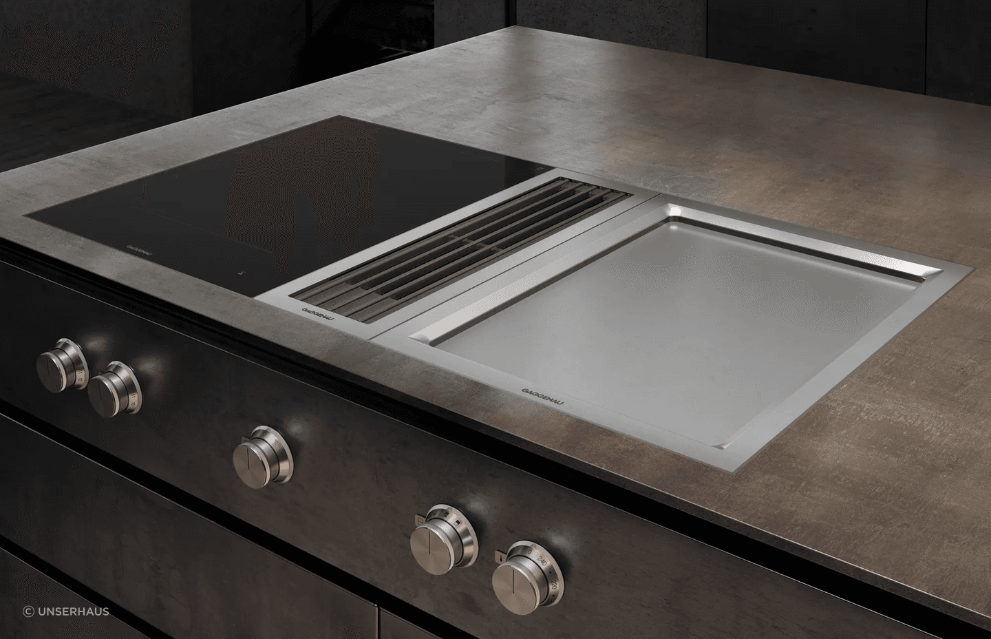The Gaggenau Vario Teppan Yaki Black 200 Series (featured on the right) is a cooking surface that can be used directly without any pots or pans.
