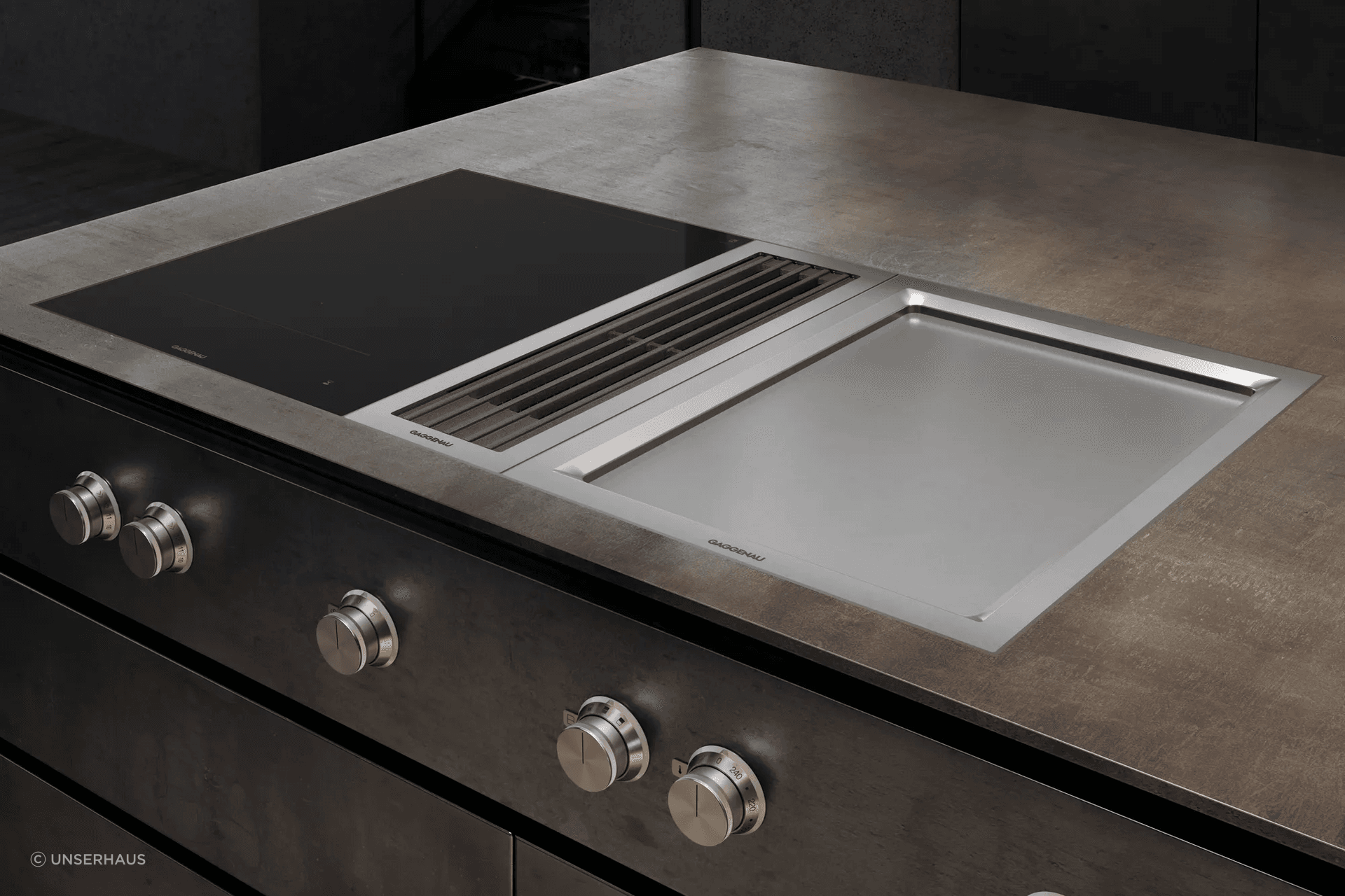 The Gaggenau Vario Teppan Yaki Black 200 Series (featured on the right) is a cooking surface that can be used directly without any pots or pans.