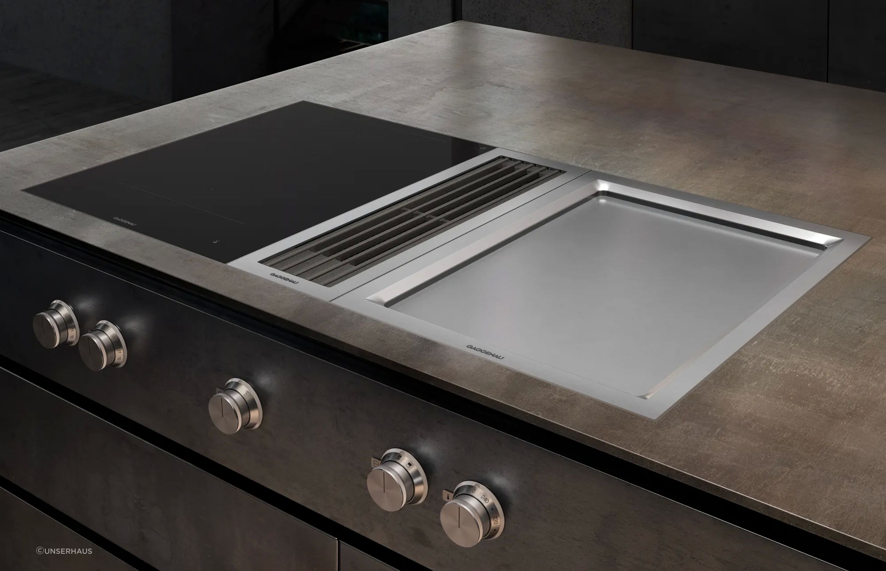 The Gaggenau Vario Teppan Yaki Black 200 Series (featured on the right) is a cooking surface that can be used directly without any pots or pans.