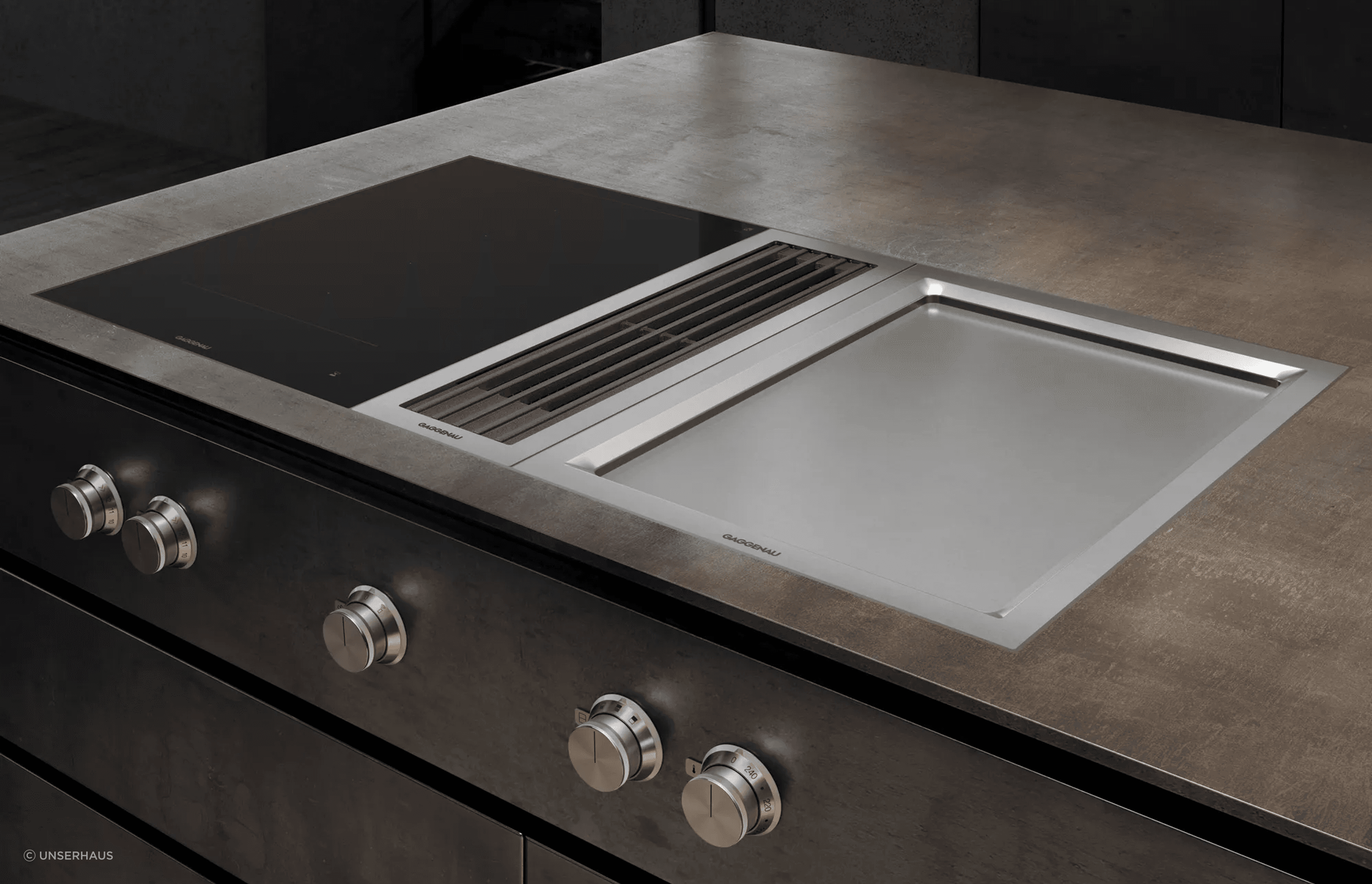 The Gaggenau Vario Teppan Yaki Black 200 Series (featured on the right) is a cooking surface that can be used directly without any pots or pans.
