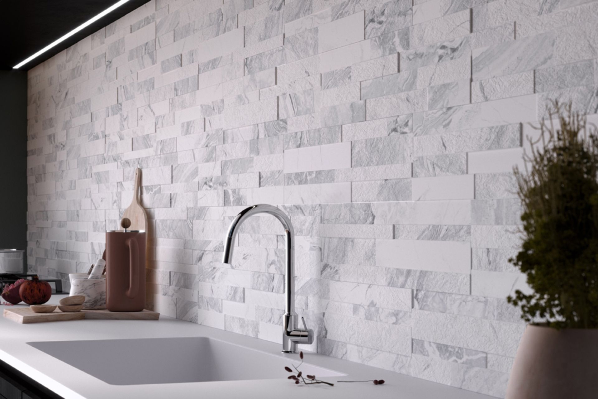 The textural quality of the Gioia Wall Tiles from The Tile Depot is great for large kitchens.