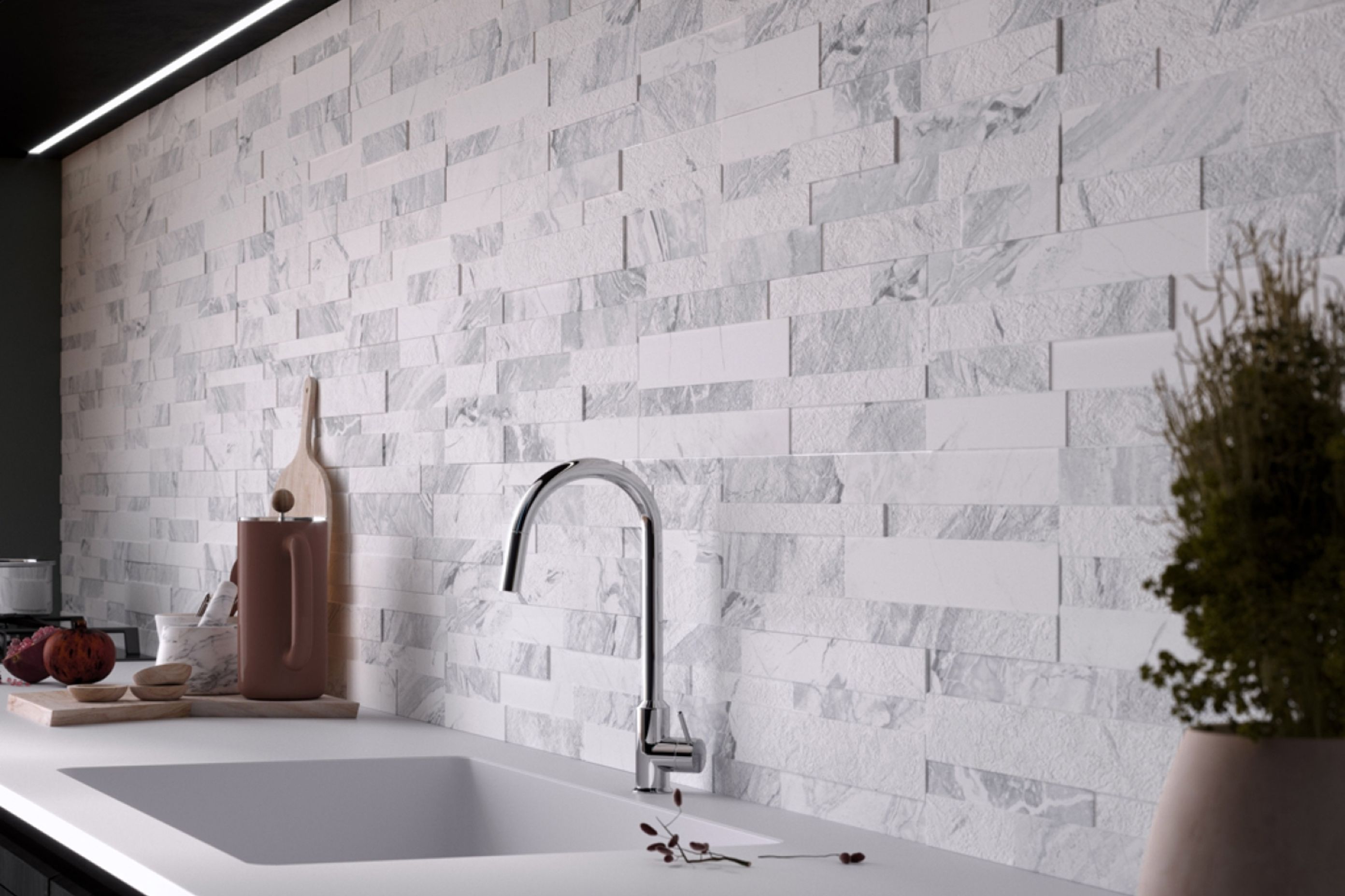 The textural quality of the Gioia Wall Tiles from The Tile Depot is great for large kitchens.