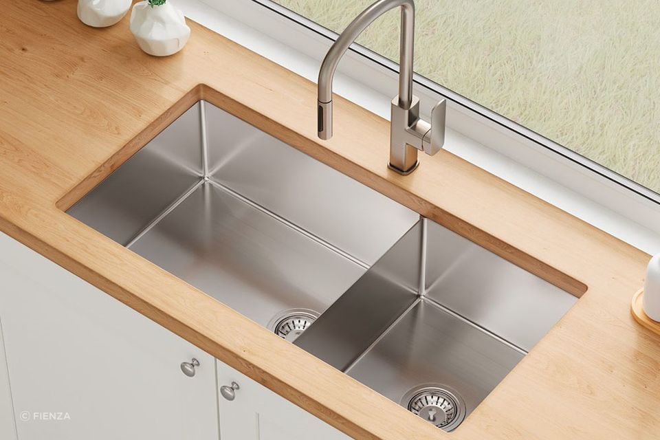 Hand-made from high-quality 304 stainless steel — the Hana 40L/27L Double Kitchen Sink from Fienza.