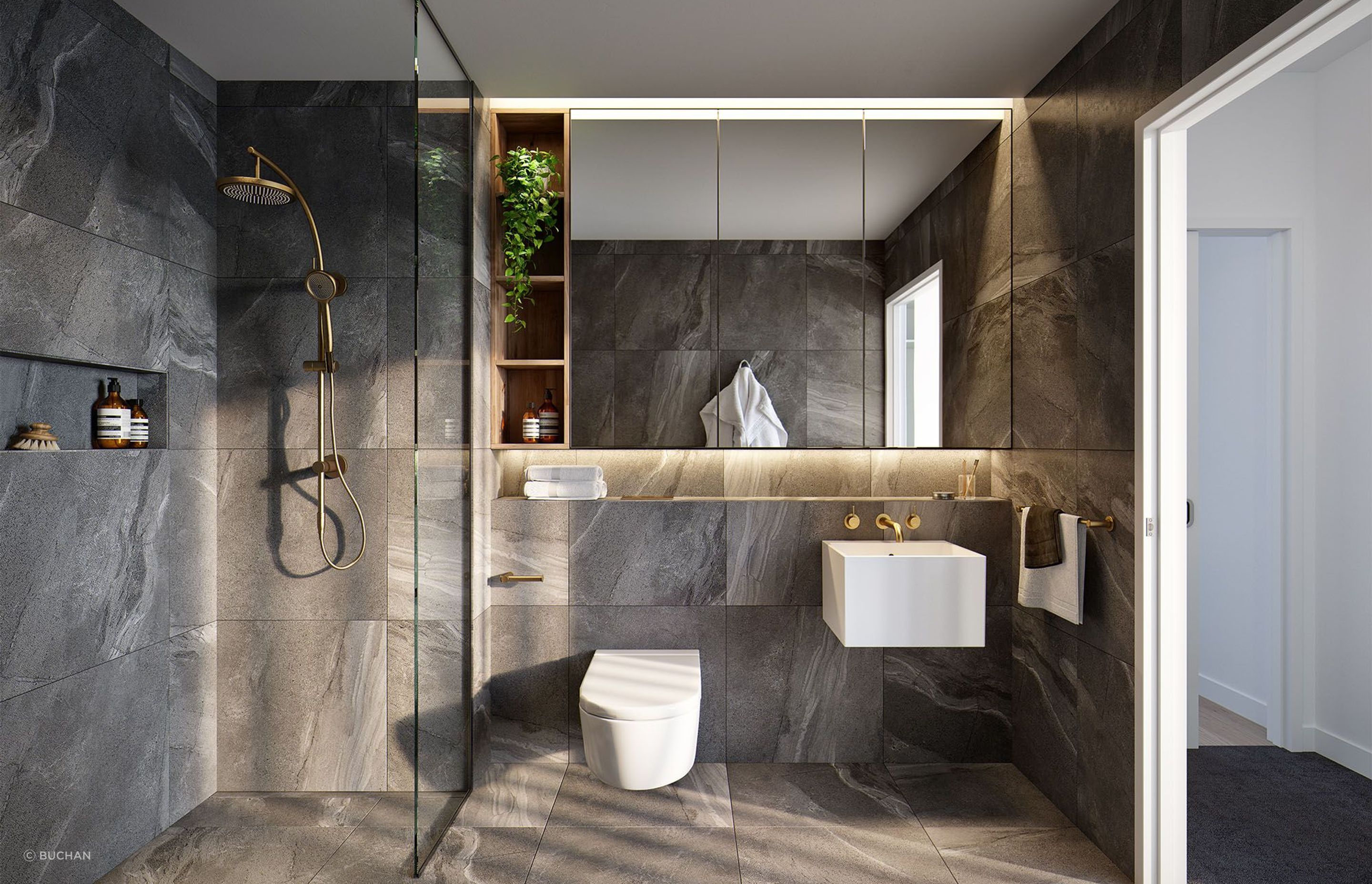 Niche storage in the shower and above the basin provide plenty of room for soaps, shampoos, hand towels, toothbrushes and more.