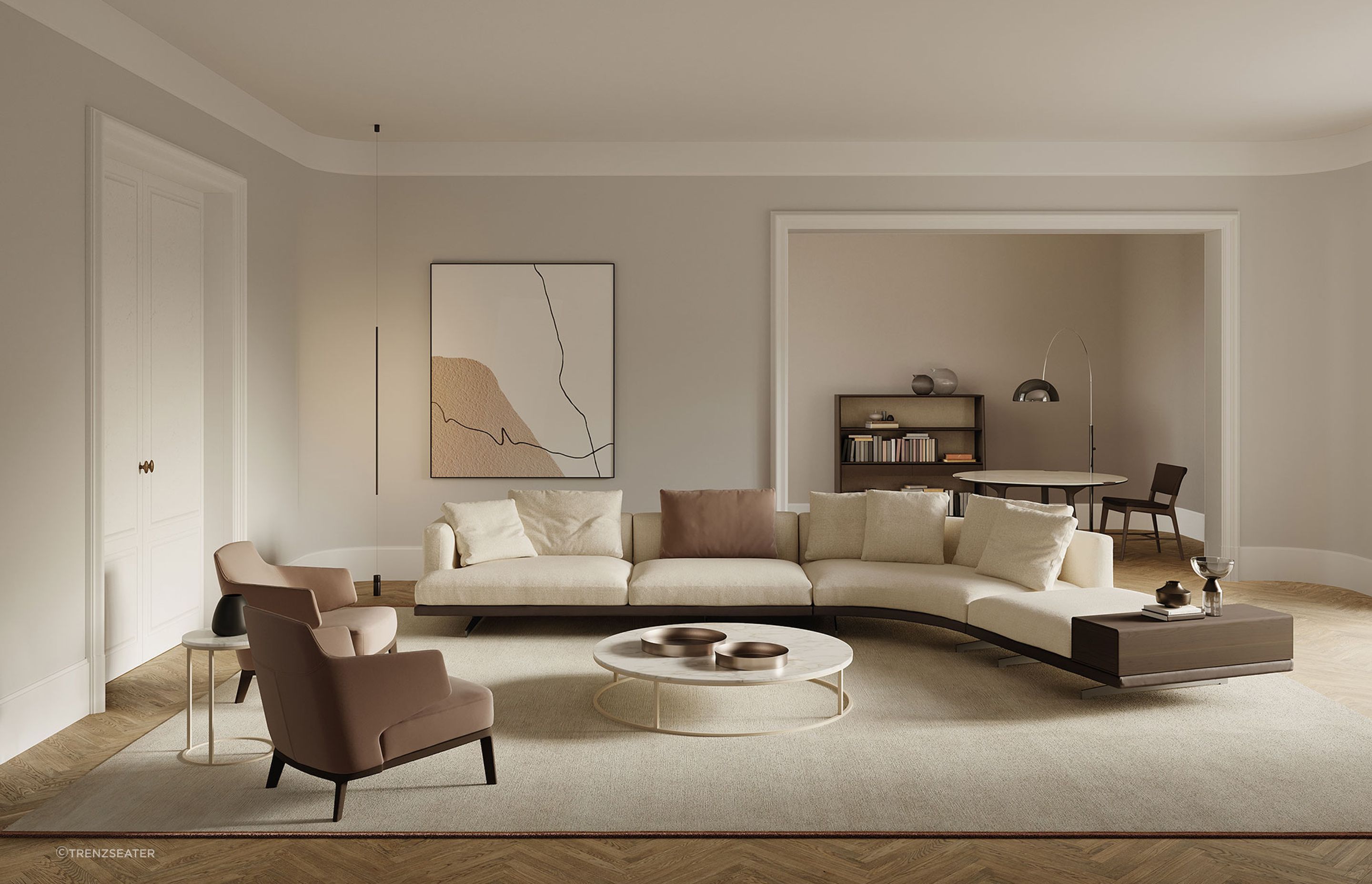 A living room layout designed to facilitate social interaction, helped by beautiful furnishings like the Horizon Sofa.