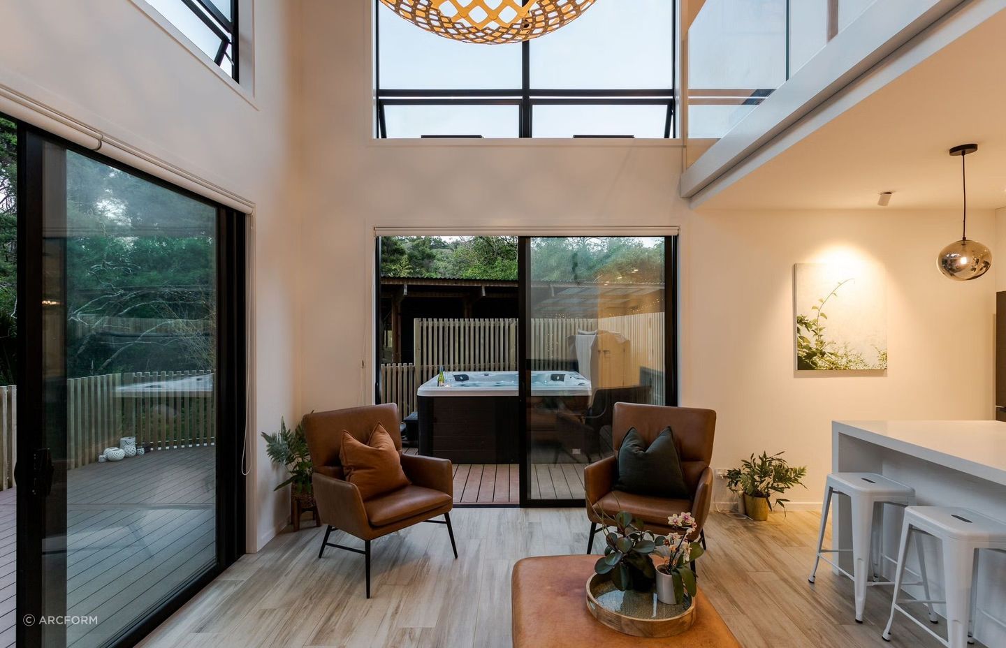 Sliding doors allow for easy flow between indoor and outdoor spaces.