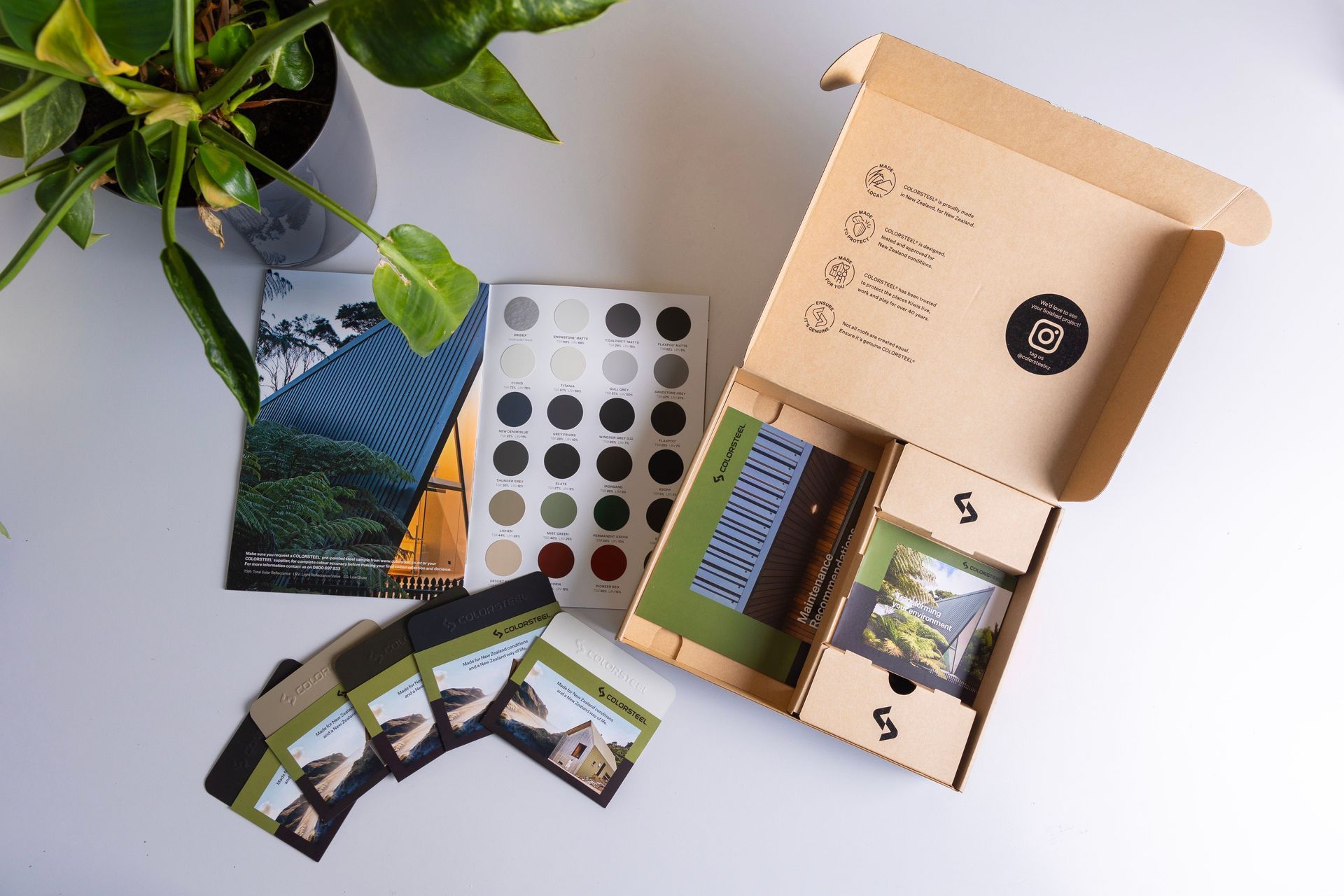 Genuine COLORSTEEL brochures and colour samples pictured above, available free from colorsteel.co.nz.