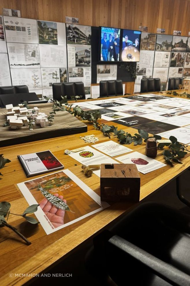 An exhibition of the University of Melbourne architecture student work from Semester One, 2025 at the offices of Woods Bagot in October last year “Weaving Stories of Change”.