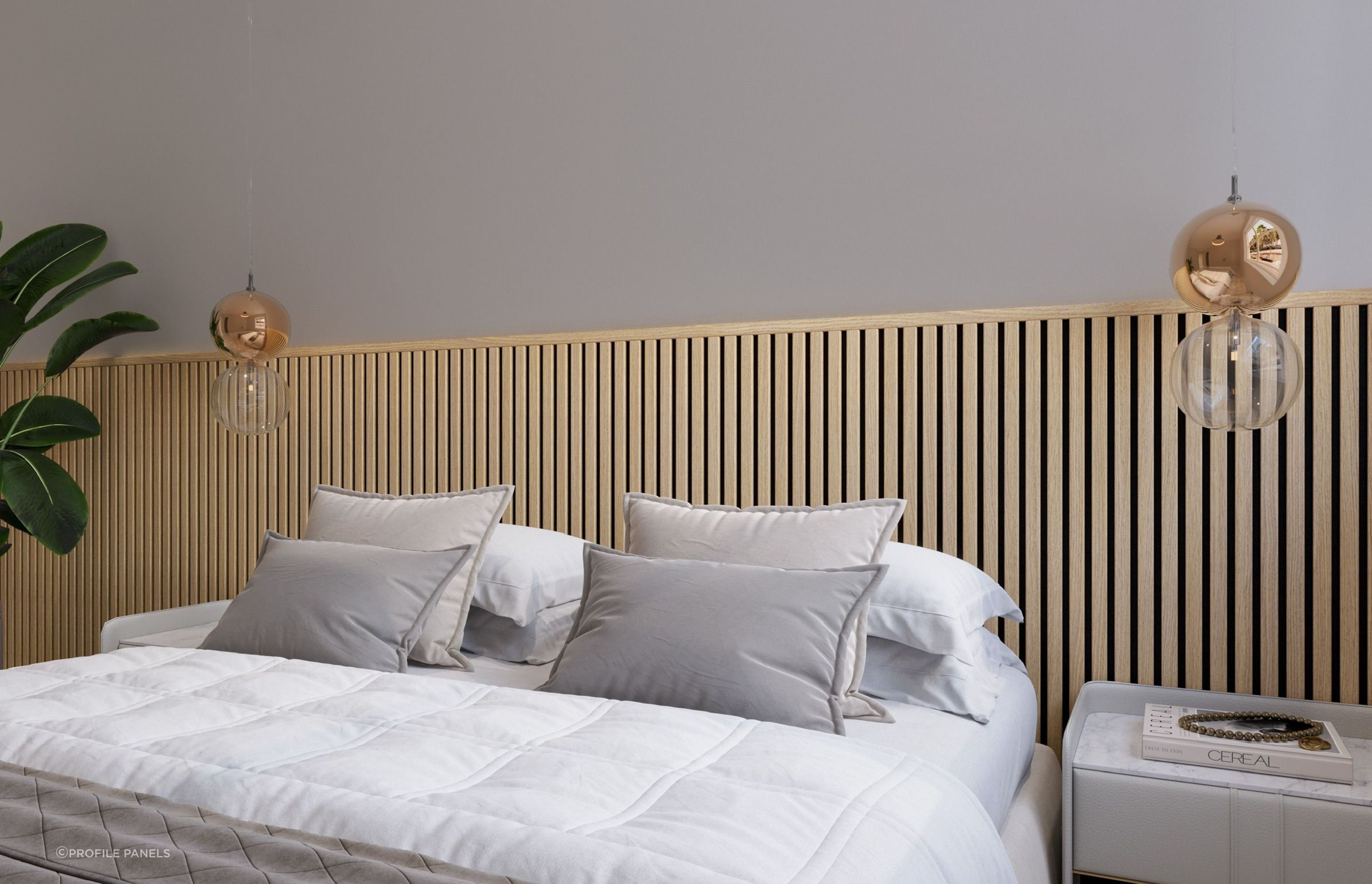 Profile Panels' Half Slat Panels are idea for bed heads, with acoustic backing to help you sleep sound.
