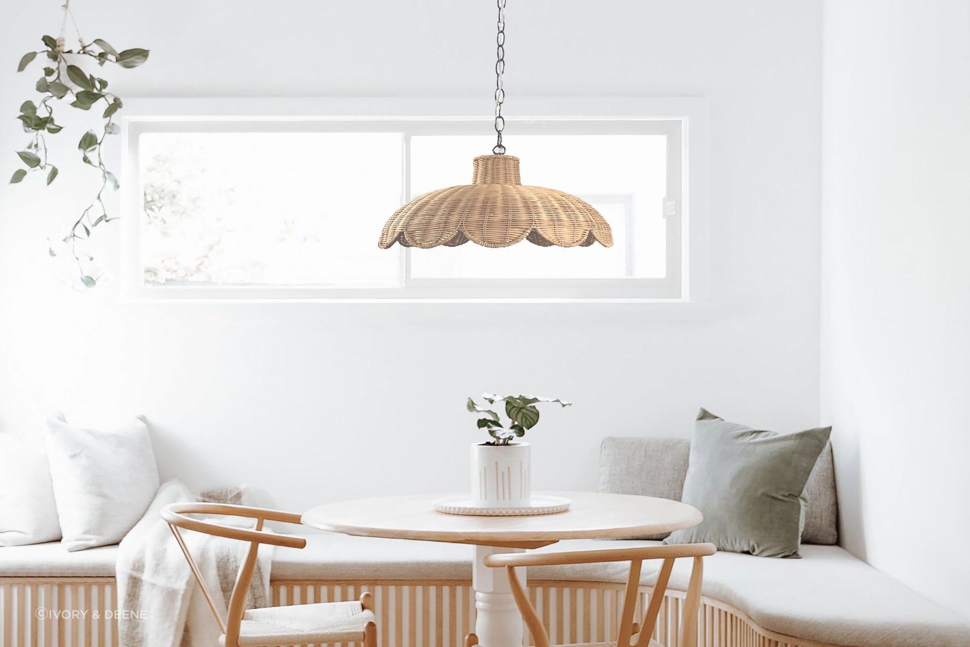 The Alice Scallop Rattan Pendant Light by Ivory & Deene has a relaxed and natural quality in design and texture.