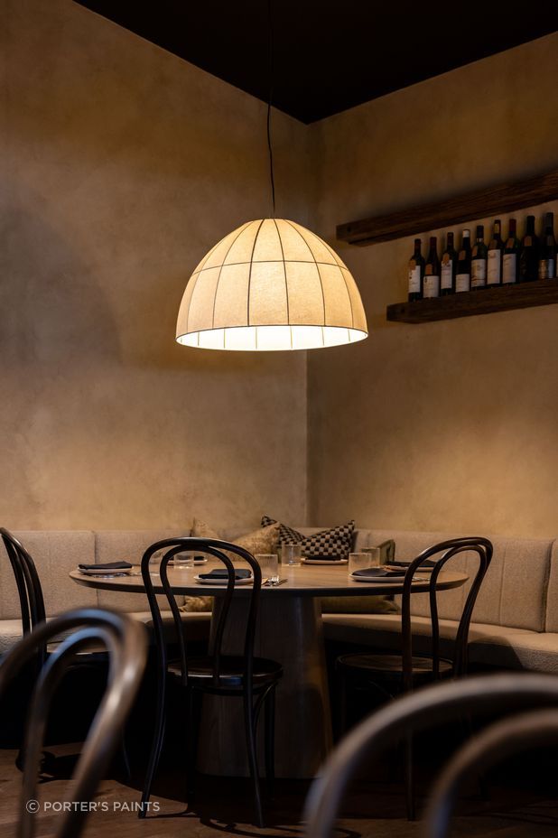 The use of the French Wash finish in this Queenstown wine bar created the look of a delicate broken colour and a subtle marble-like finish and the Stone Fine in the colour Sediment gave the private dining area an intimate, dark and moody feel with soft textural movement.