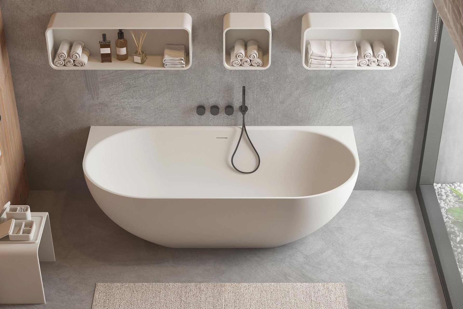 Bathtubs like the Justina Back-to-Wall Stone Bath offers great heat retention to help keep your bath and surrounding space warmer for longer.