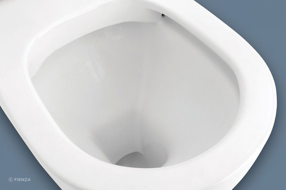 The Koko Back-to-Wall Toilet Suite from Fienza showcases a rimless design with a chute for water on the side of the pan.