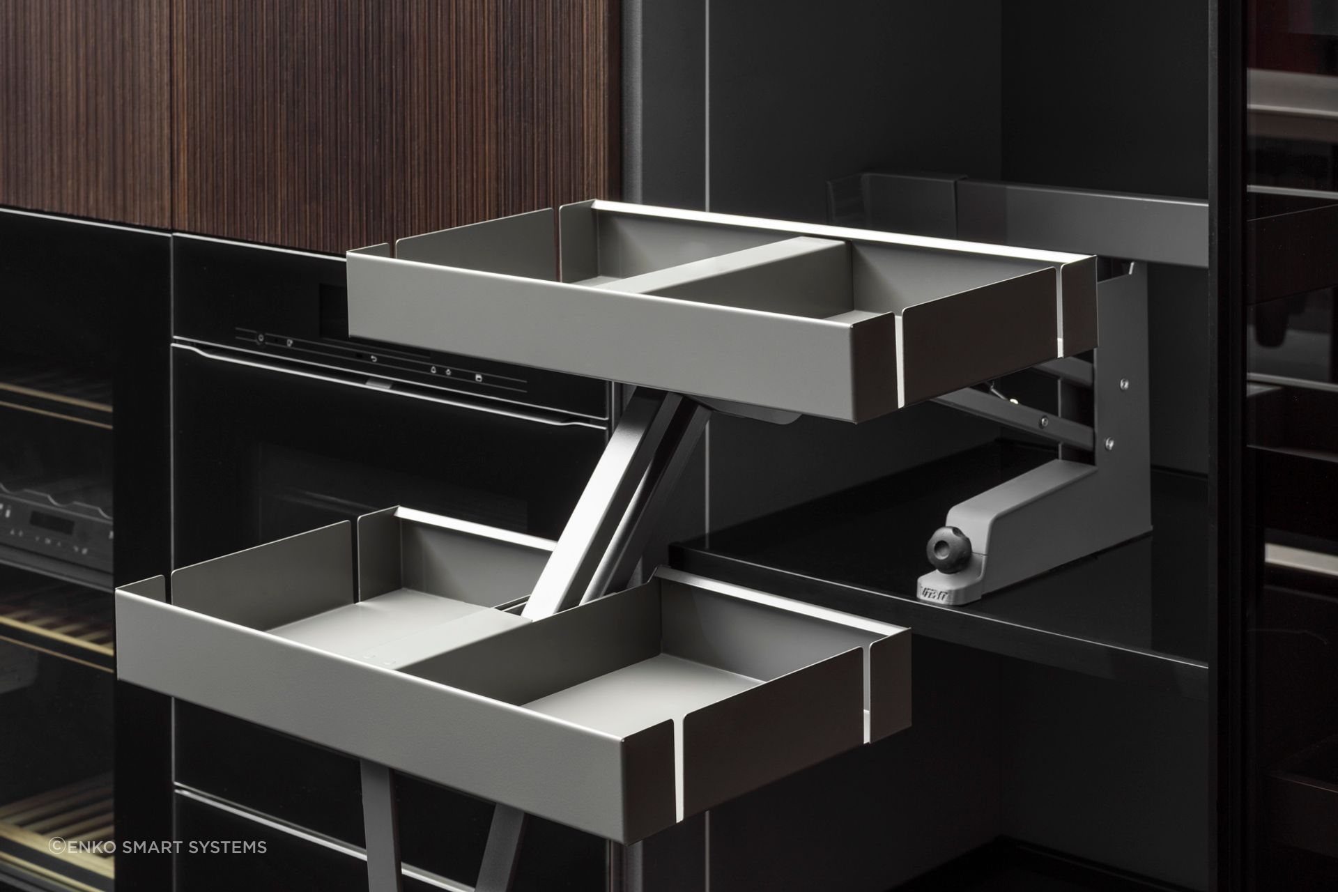 The Karlo is the best way to make the most of high storage space, designed to be pulled down to reveal the drawers in one smooth motion.