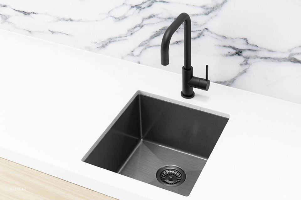 The Single Bowl Kitchen Sink in Gunmetal Black with undermount installation from Meir.