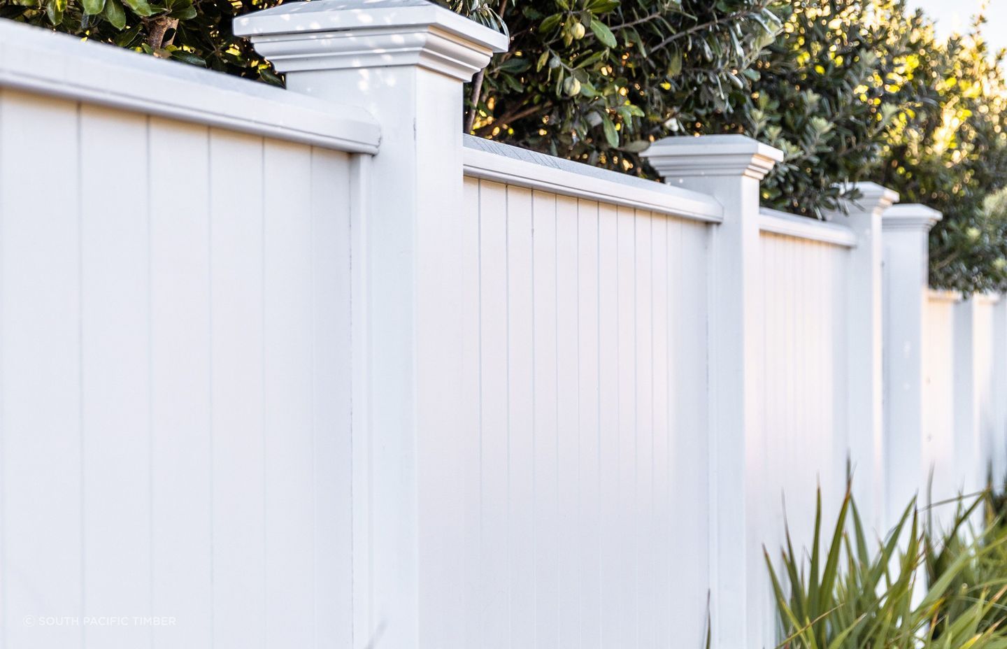 A solid timber fence supported by the GenLam Fencing System from South Pacific Timber.