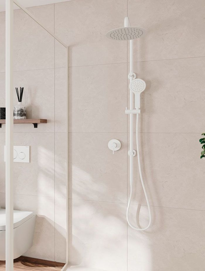 The Kaya Twin Showers shower head and slide make a great choice for a walk-in shower.